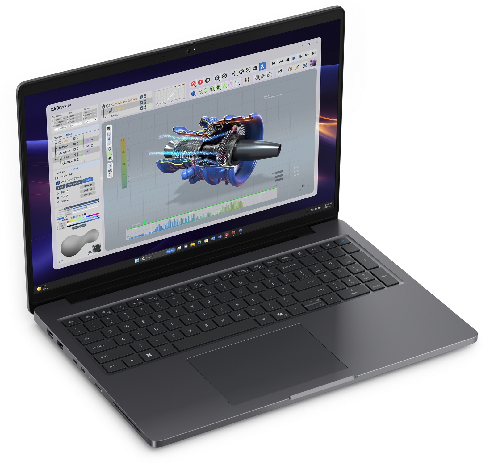 Un computer portatile grigio mostra un software CAD con una turbina 3D.