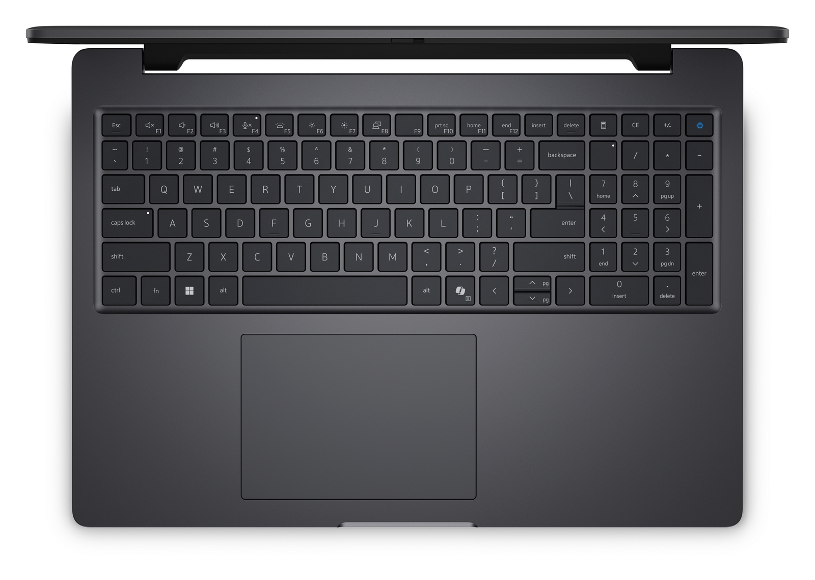 Vista dall'alto di un laptop nero con tastiera QWERTY completa e tastierino numerico su sfondo bianco.