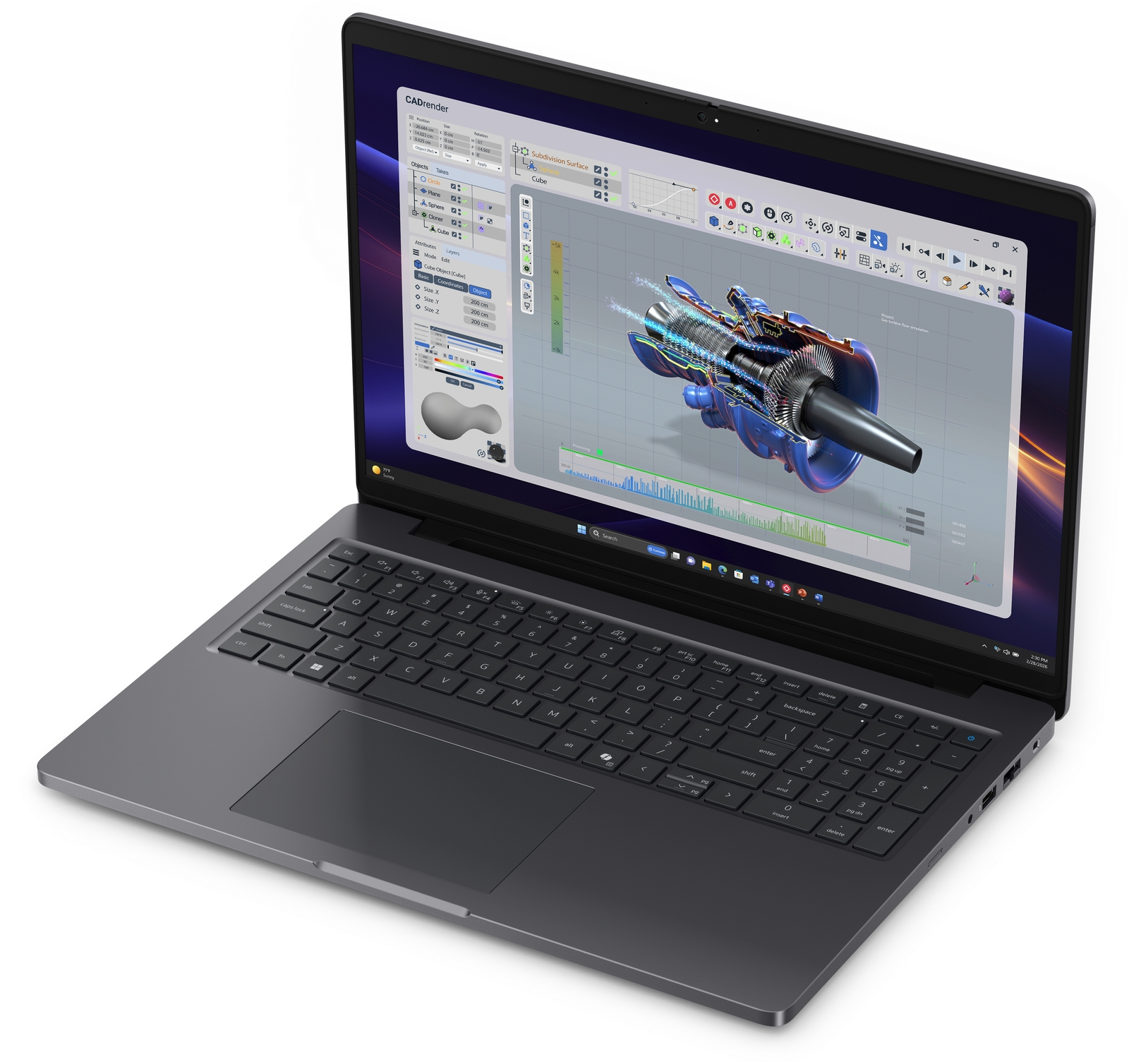 Un laptop grigio mostra un software CAD 3D con il modello di un motore a reazione.