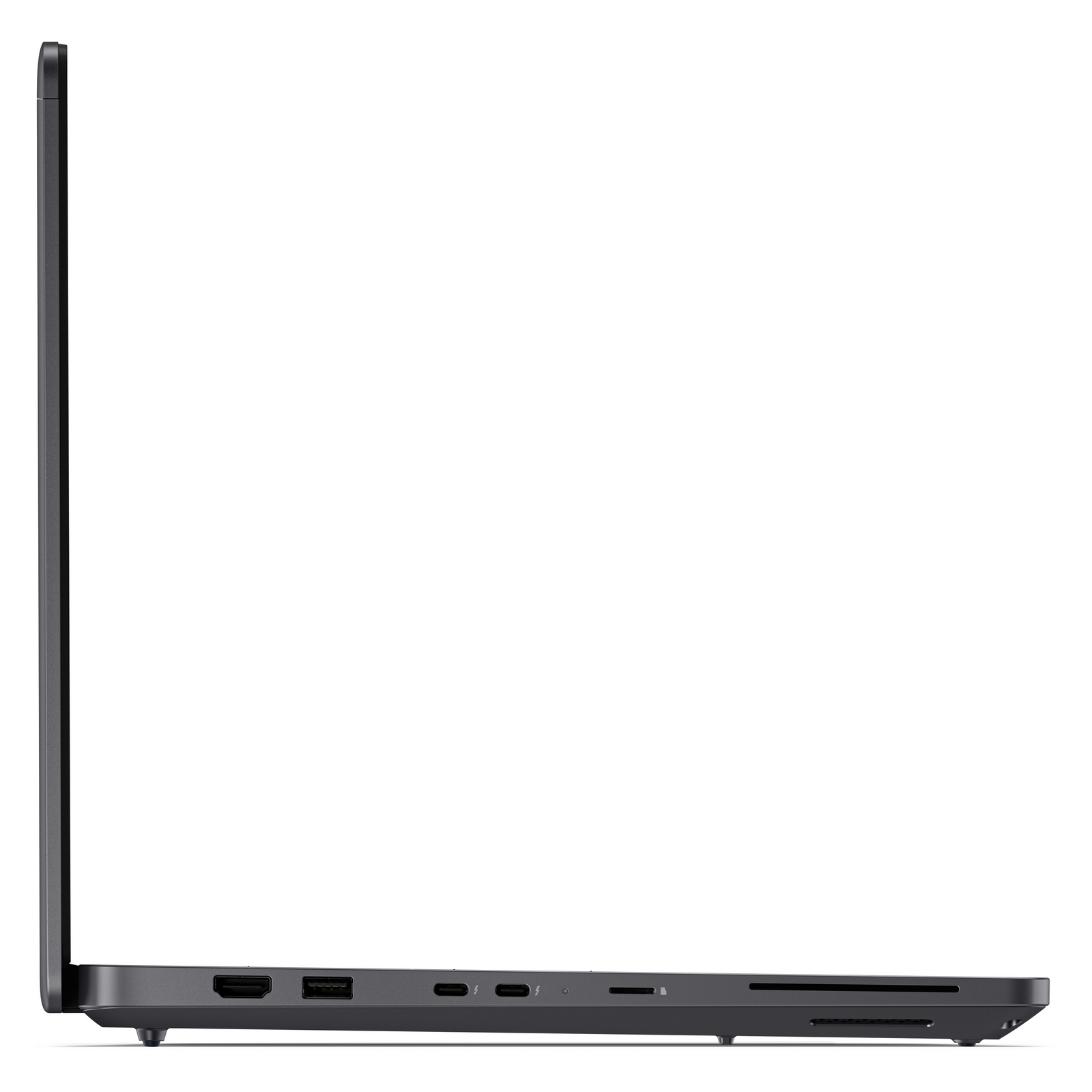 Vista laterale di un laptop scuro chiuso con varie porte su una superficie bianca.