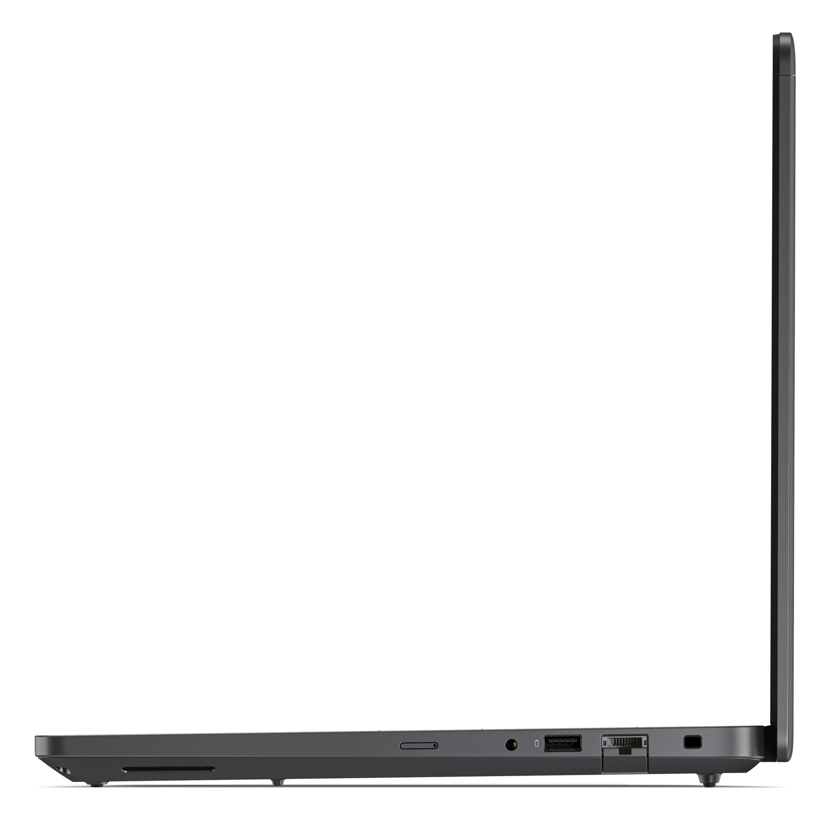 Lato sinistro di un laptop scuro chiuso con porte visibili e fessure di ventilazione.