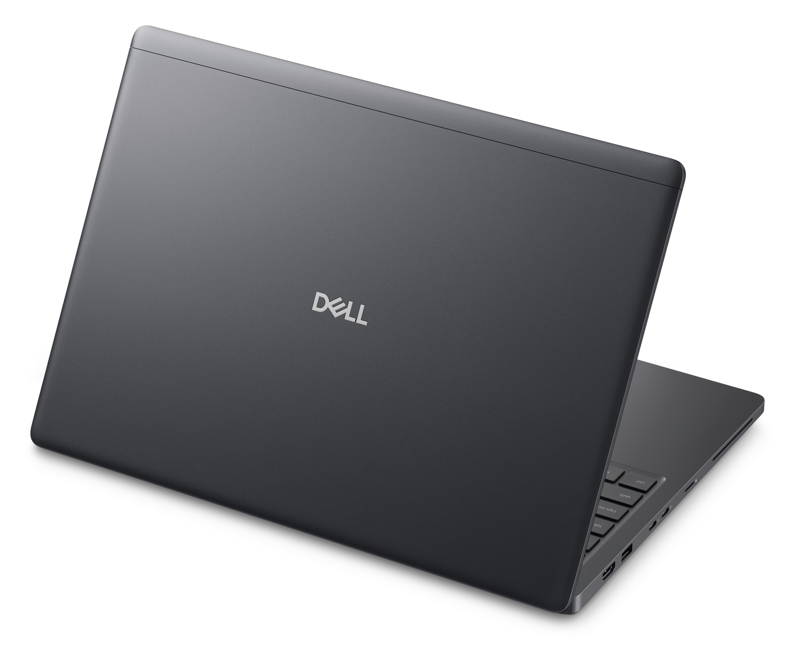 Un laptop Dell grigio chiuso con logo visibile sul coperchio e porte laterali su sfondo bianco.