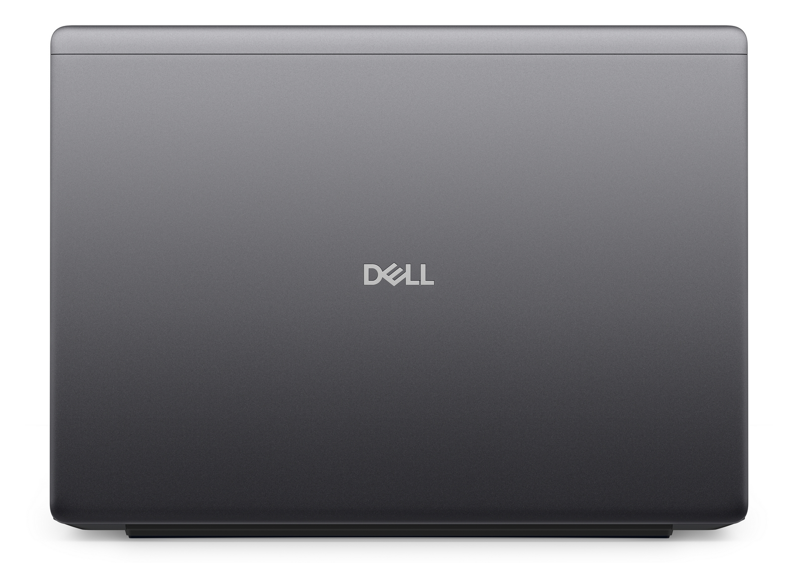 Un laptop Dell grigio chiuso visto dall'alto, con logo argentato centrale.