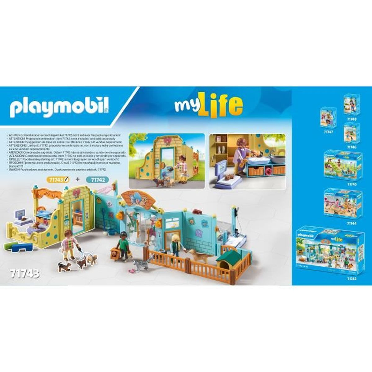 Set de clínica veterinaria Playmobil MyLife con figuras, animales y accesorios en el empaque.