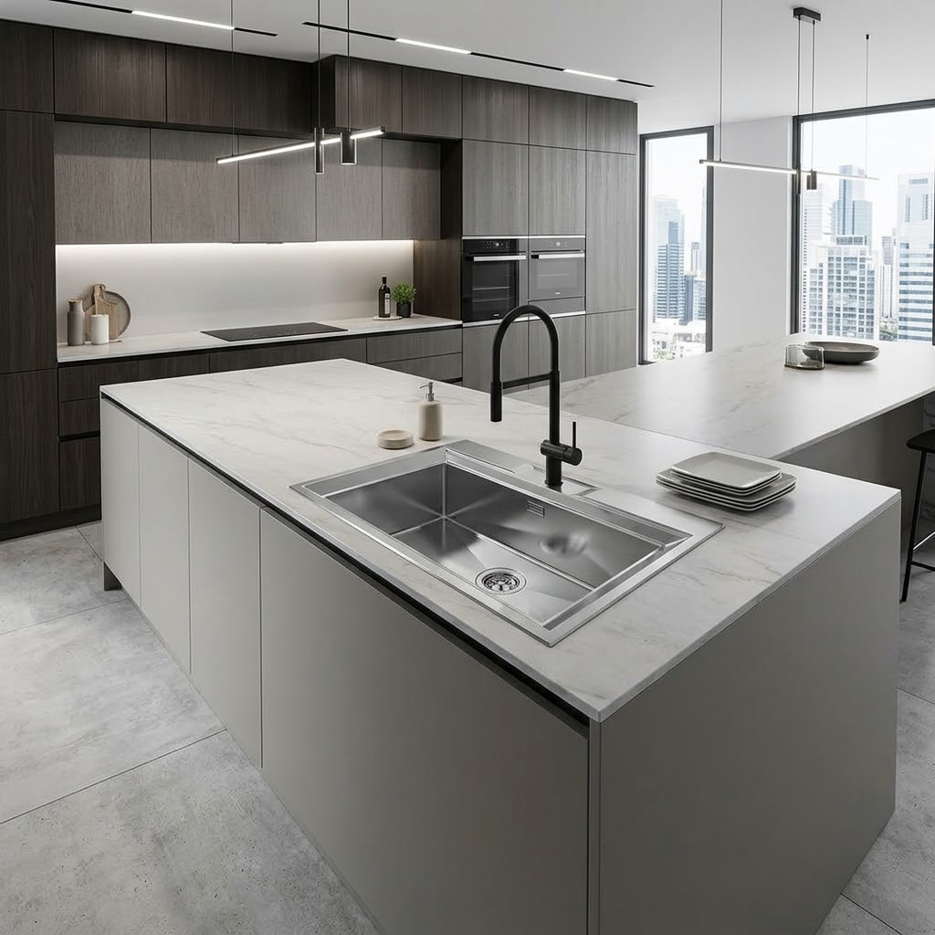 Cucina moderna con isola in marmo bianco, lavello in acciaio inox, mobili scuri e grande finestra con vista sulla città.