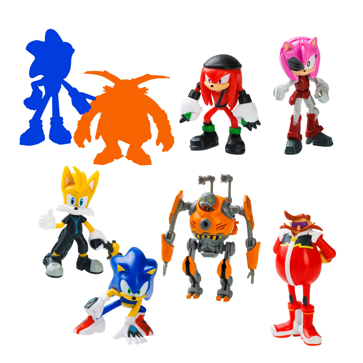Figuras de acción de Sonic Prime, incluyendo siluetas de colores, Sonic, Tails, Knuckles, Amy y robots sobre fondo blanco.
