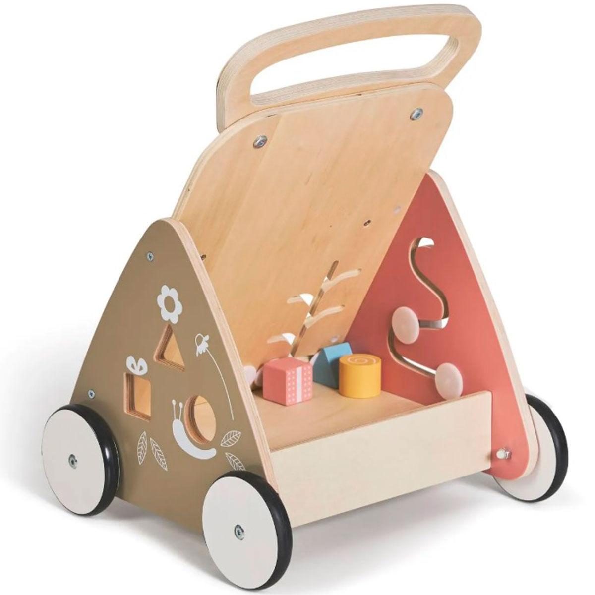 Caminador de madera con clasificador de formas, bloques coloridos y asa en ruedas.
