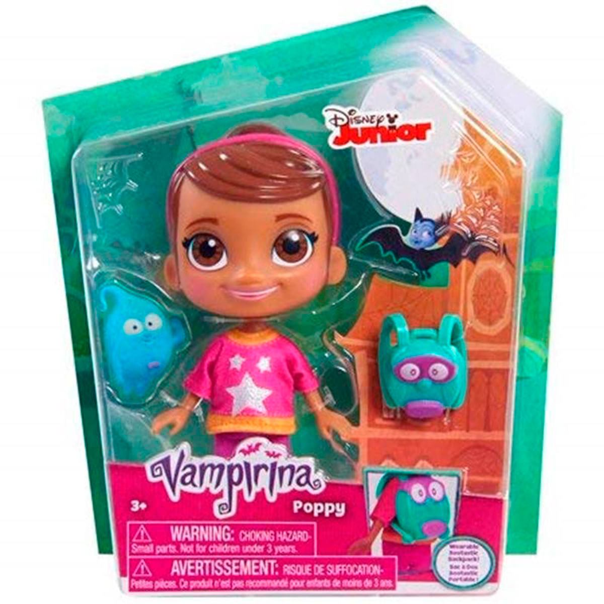 Muñeca Vampirina Poppy en caja con fantasma azul y mochila.