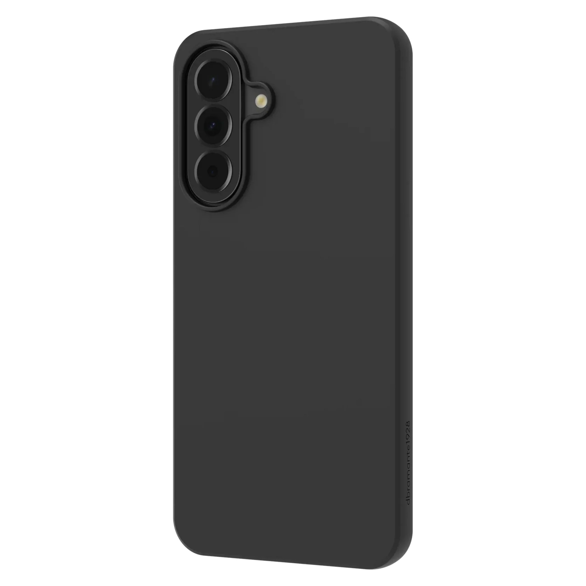 Uno smartphone nero in una custodia con tre fotocamere allineate verticalmente sul retro.
