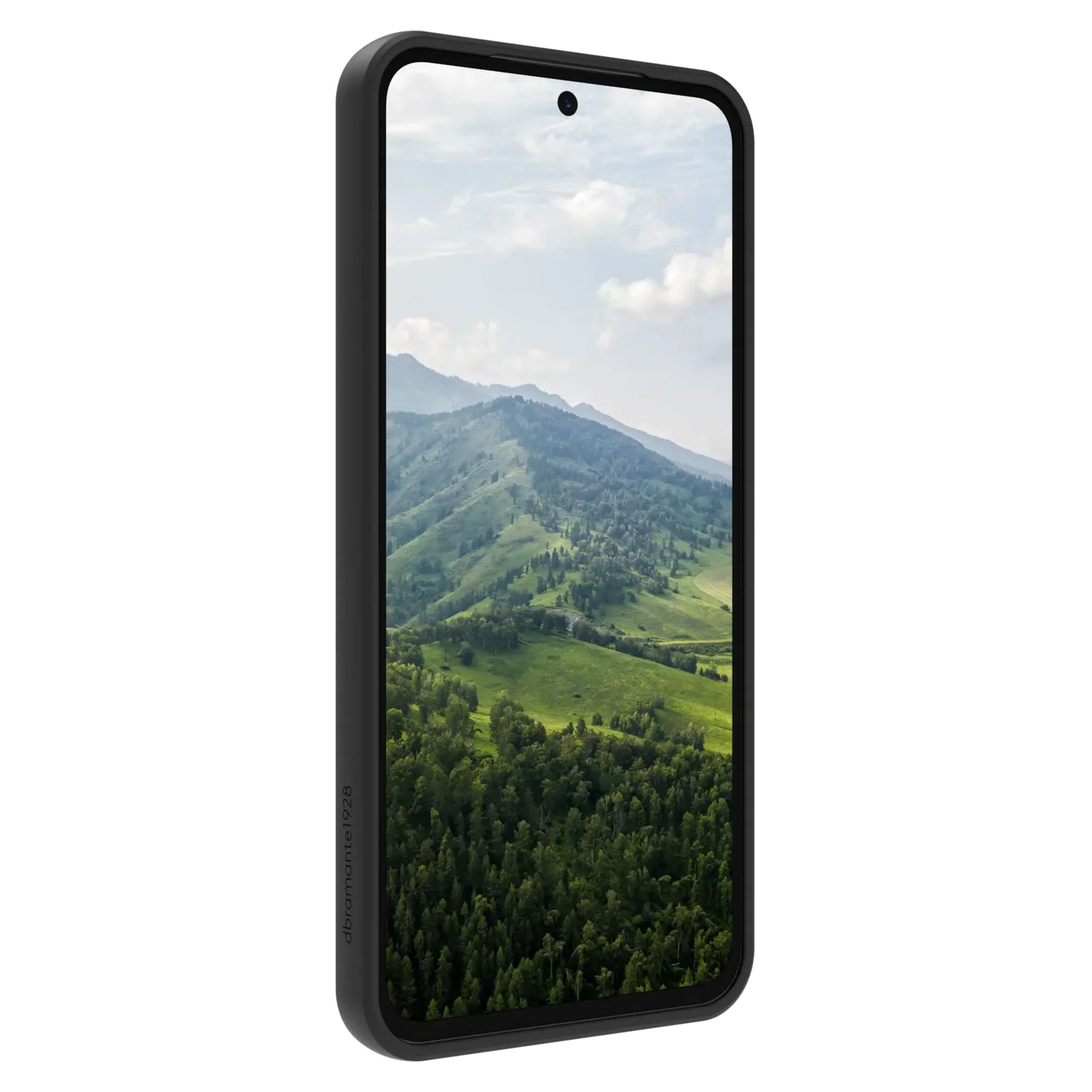 Uno smartphone nero con custodia protettiva mostra lo sfondo di montagne verdi sotto un cielo luminoso.