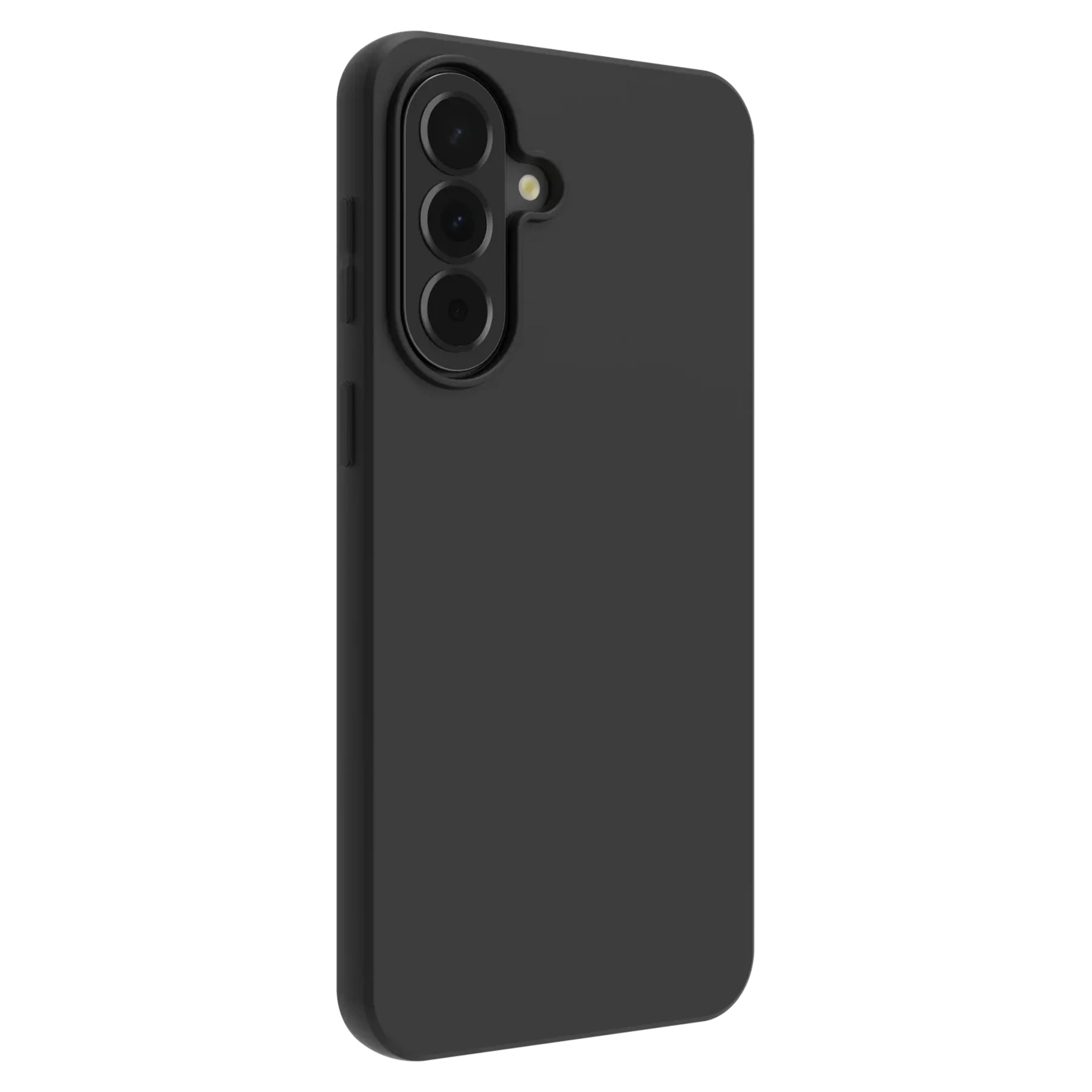 Smartphone nero in cover nera, mostra il retro con tre fotocamere verticali e flash su sfondo bianco.
