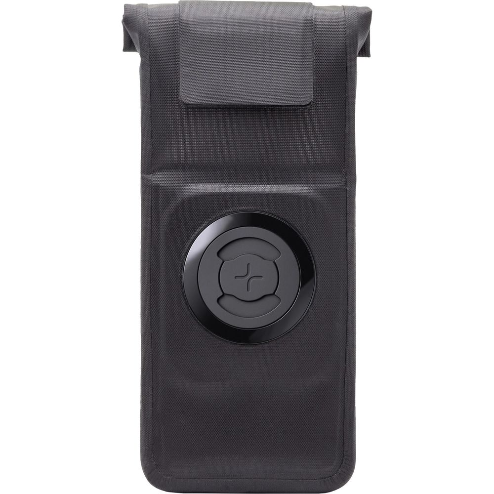 Custodia nera per smartphone con supporto girevole rotondo e patta su sfondo bianco.