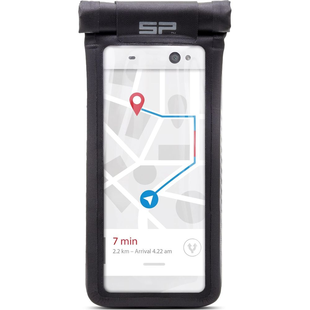 Uno smartphone in una custodia nera impermeabile mostra un'app di navigazione cartografica.