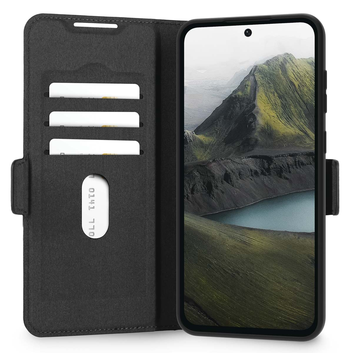 Custodia a libro nera per cellulare con tasche per carte e smartphone con schermo di paesaggio montano.