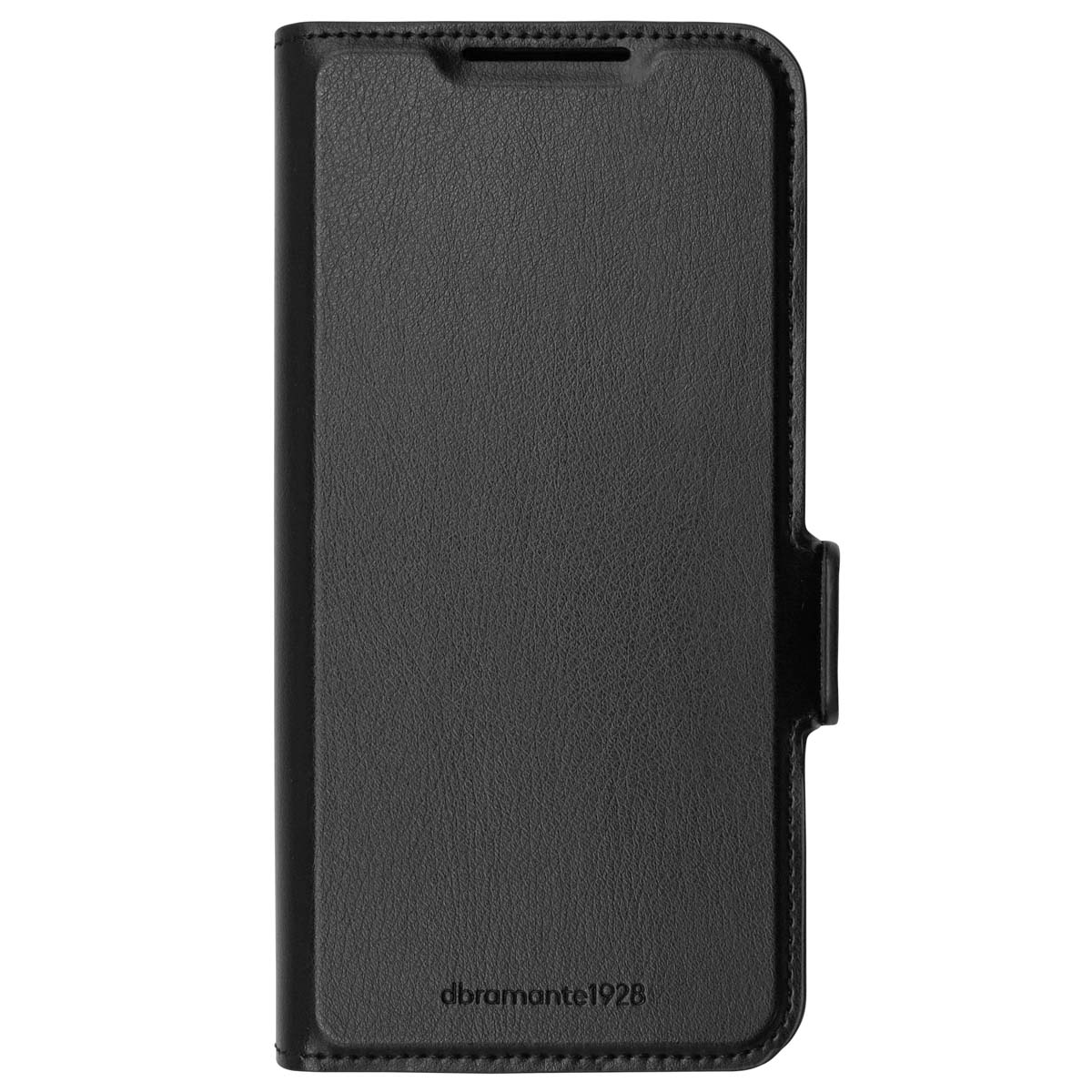 Una custodia per cellulare in pelle nera chiusa con logo in rilievo e chiusura magnetica.