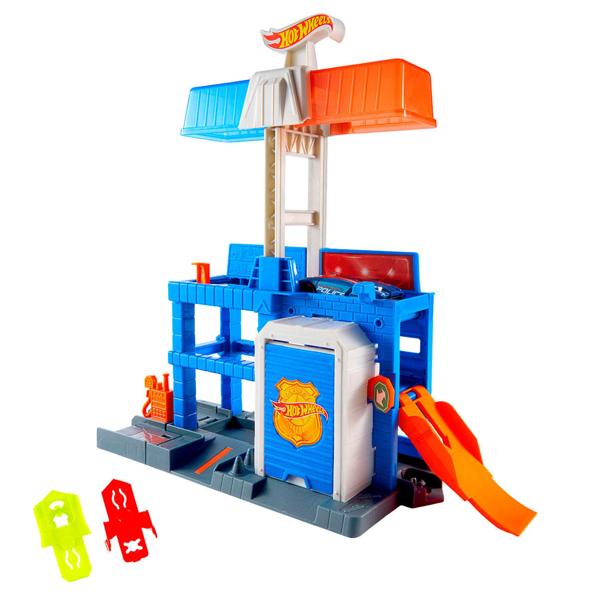 Un juego de estación de policía Hot Wheels azul y blanco con luces superiores azules y naranjas y una rampa.