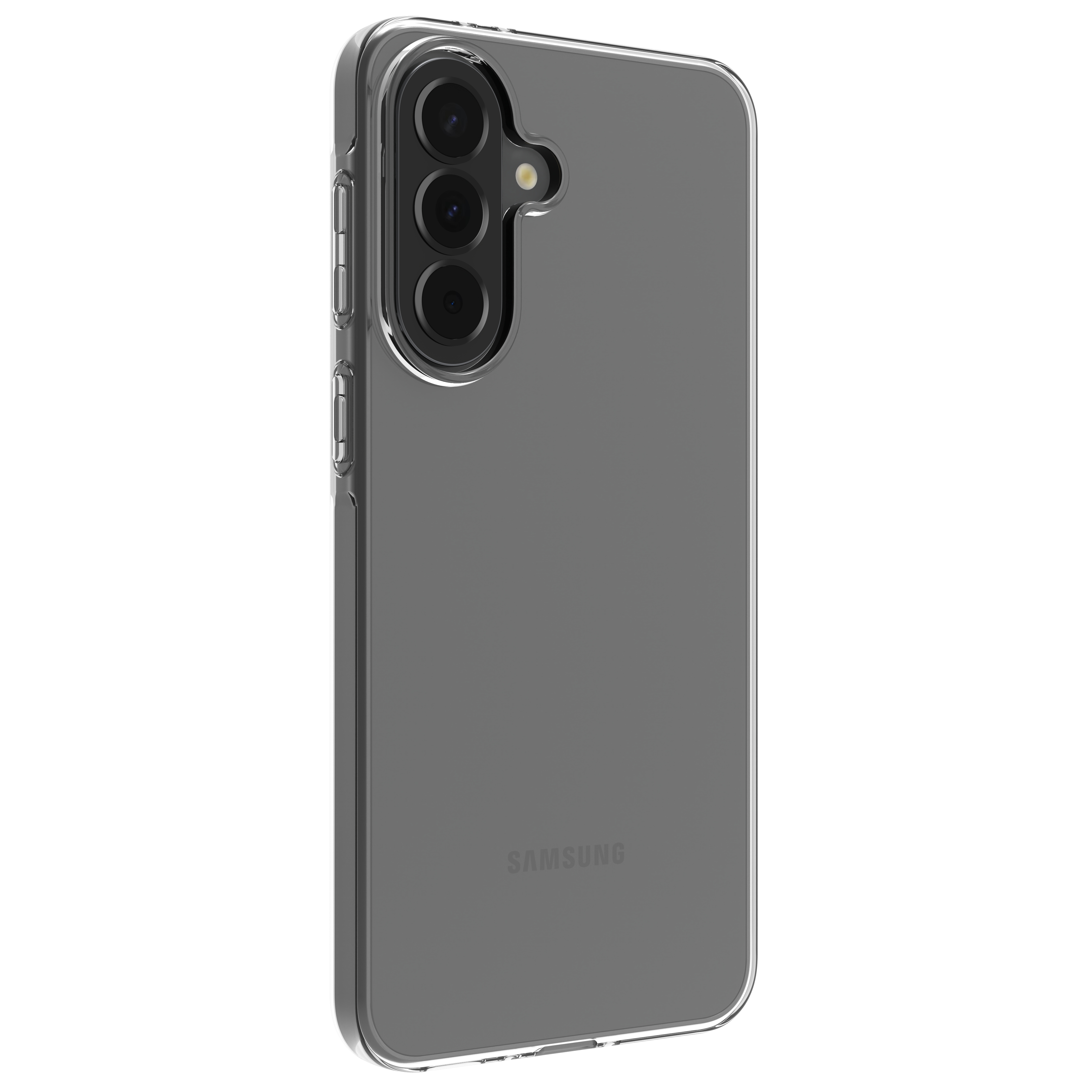 Vista posteriore di uno smartphone Samsung grigio con custodia protettiva trasparente e tre fotocamere verticali.