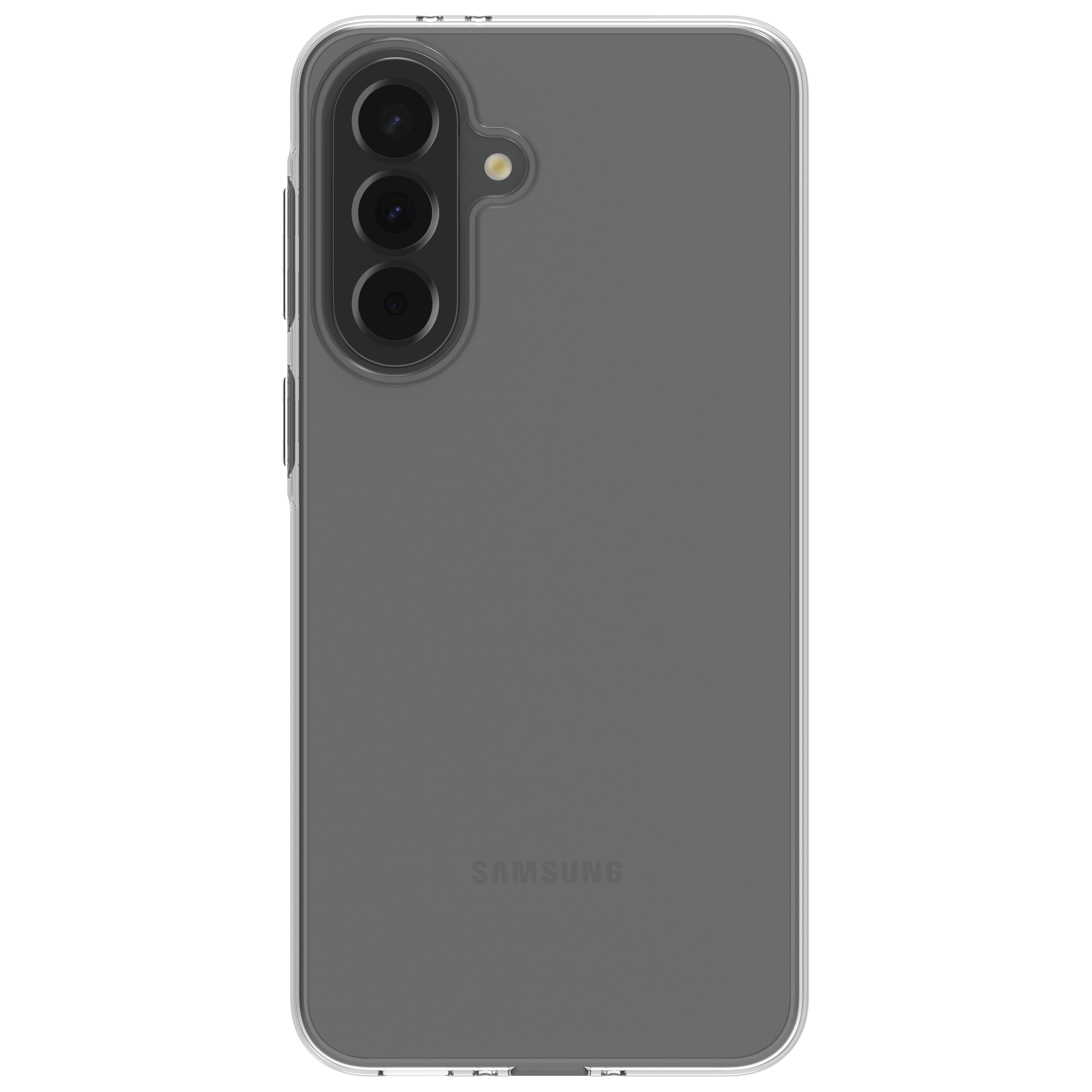 Retro di uno smartphone grigio in cover trasparente con tripla fotocamera verticale e logo Samsung.