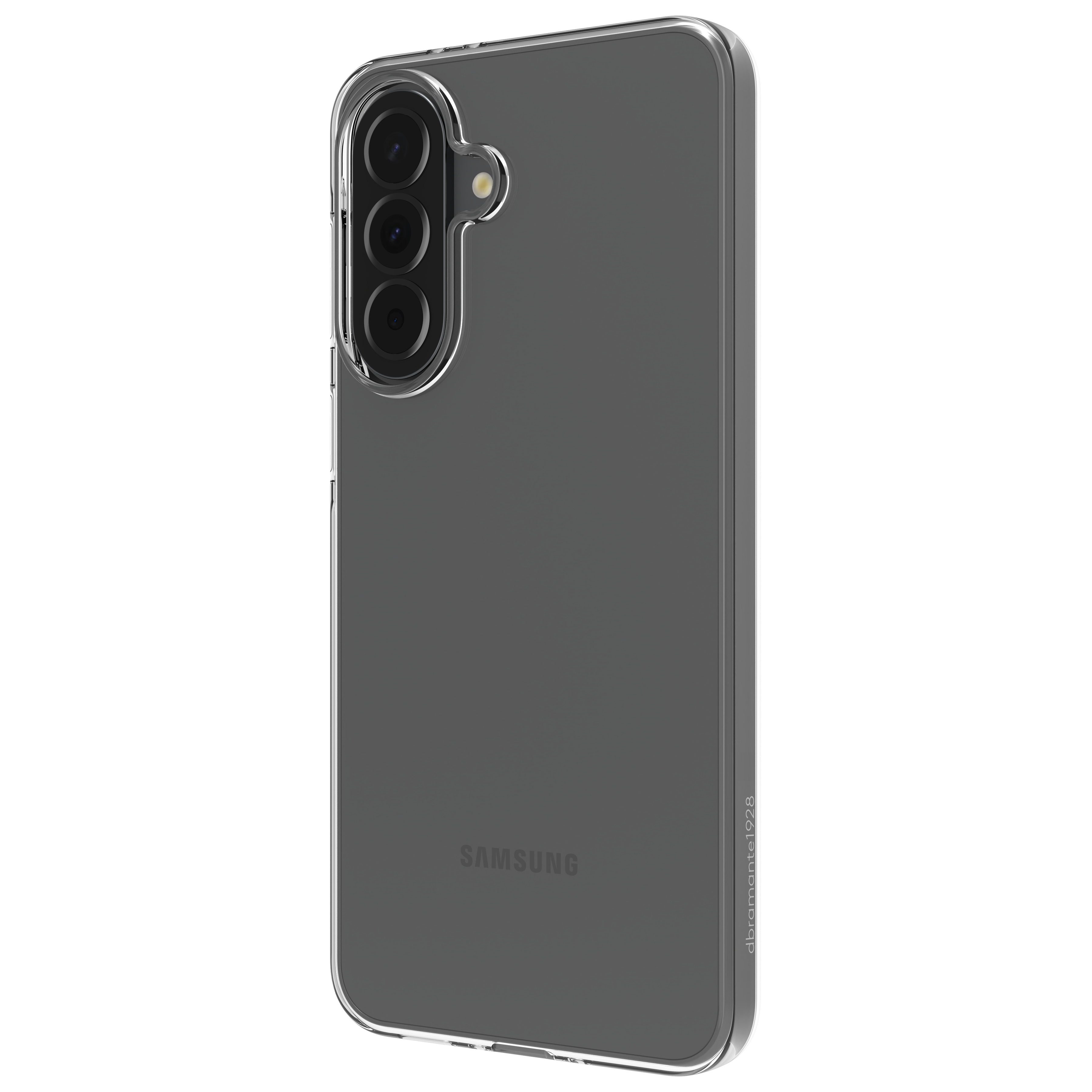 Retro di uno smartphone Samsung grigio con custodia protettiva trasparente e tre fotocamere verticali.