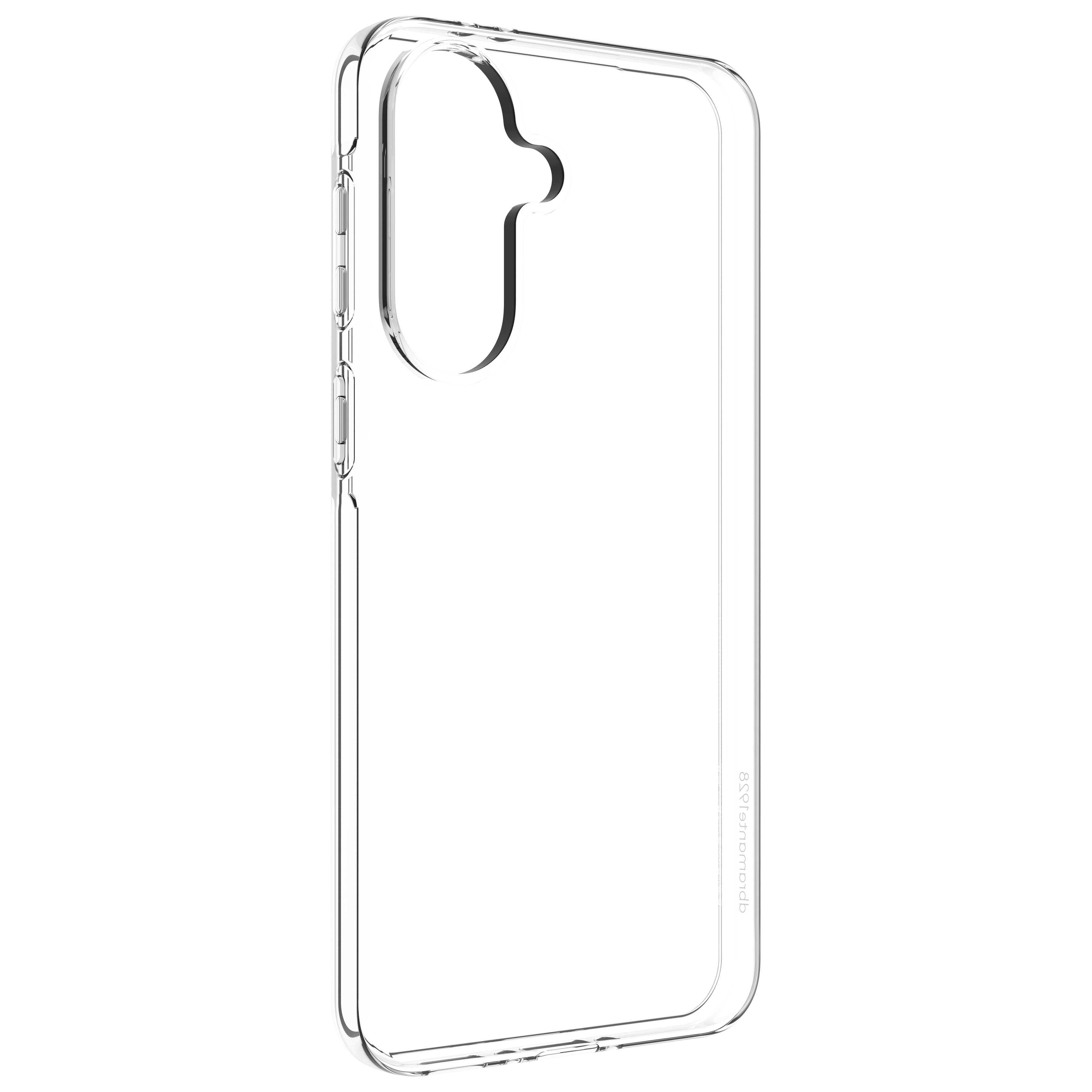 Una custodia protettiva trasparente per smartphone ad angolazione, con ritagli per i tasti laterali e la fotocamera.