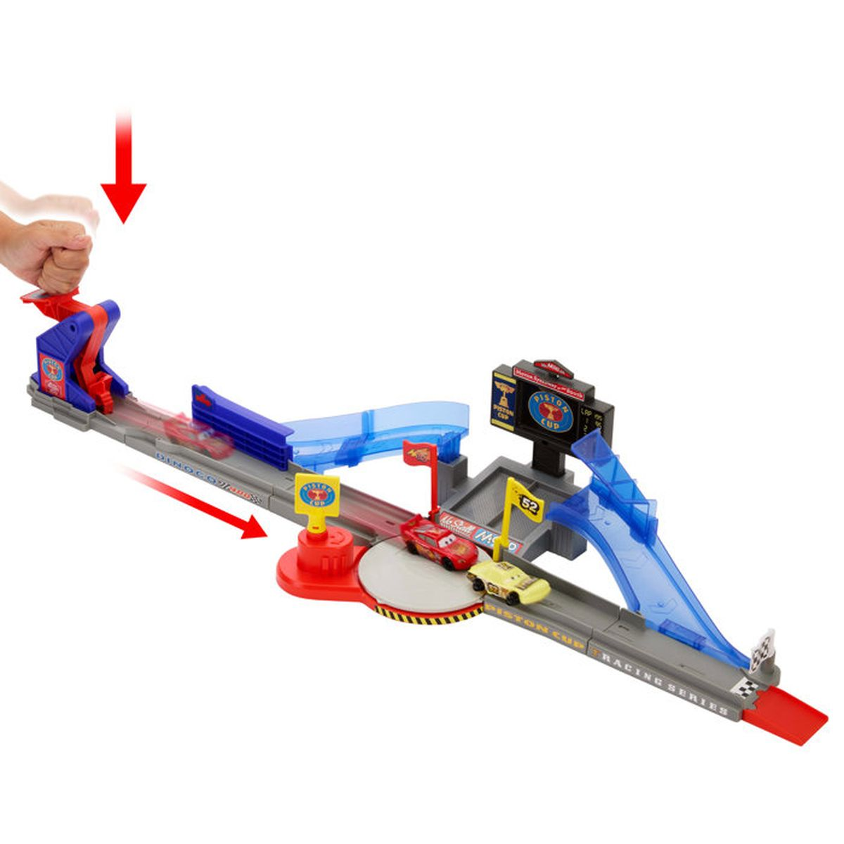 Un juego de pista de carreras de juguete para niños con dos autos pequeños y un letrero de la Copa Pistón.