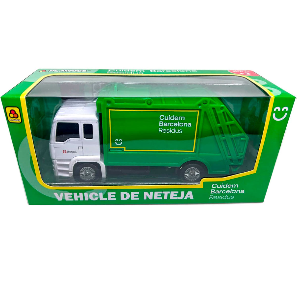 Un camión de basura de juguete blanco y verde en un empaque verde etiquetado como Cuidem Barcelona Residus.