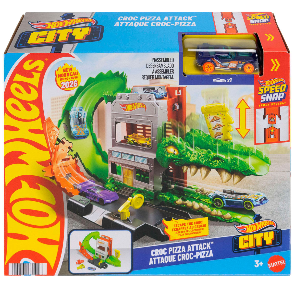 Set de juego Hot Wheels City Ataque de Pizza de Cocodrilo con autos y pista en caja colorida.