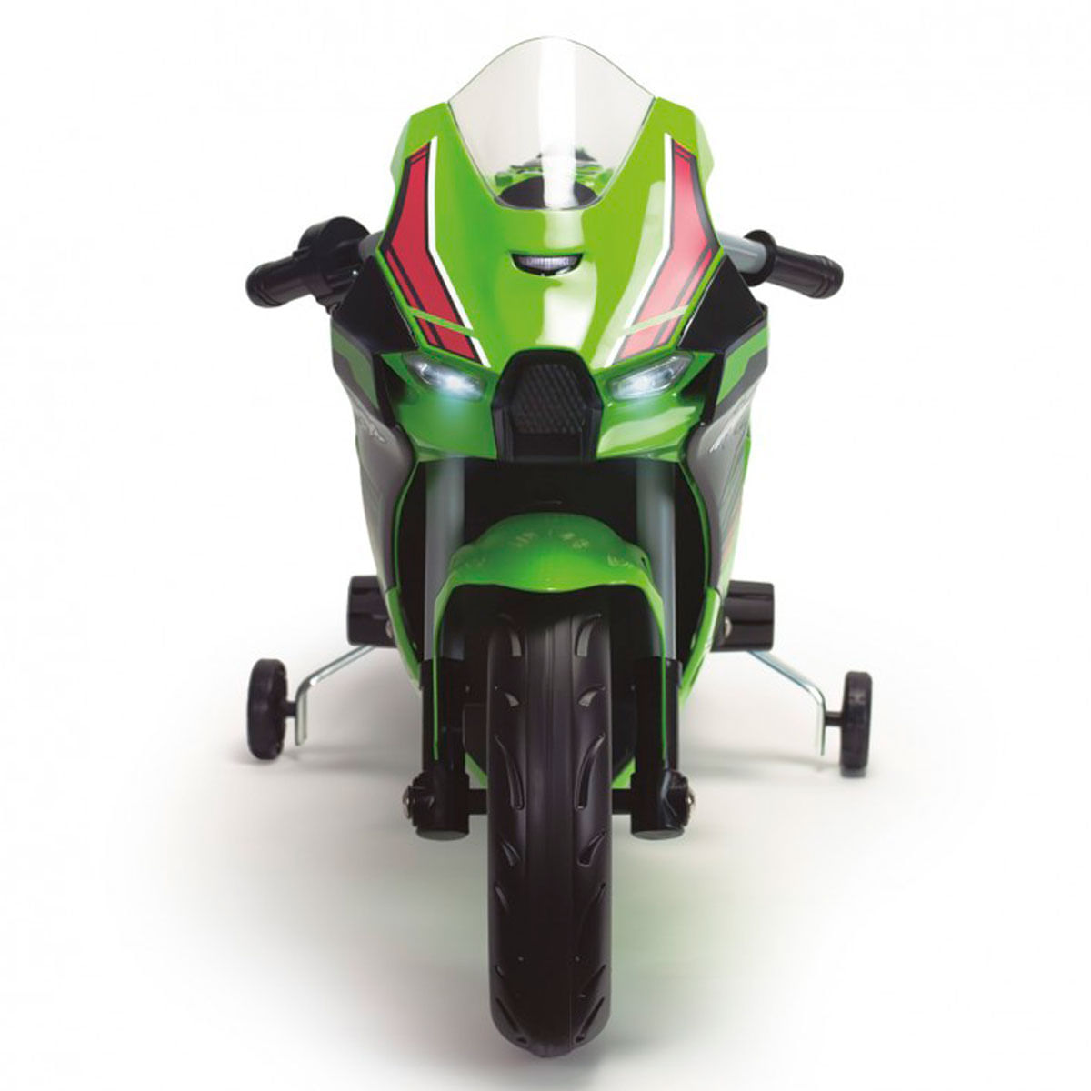 Vista frontal de una moto eléctrica infantil verde con ruedas de entrenamiento.