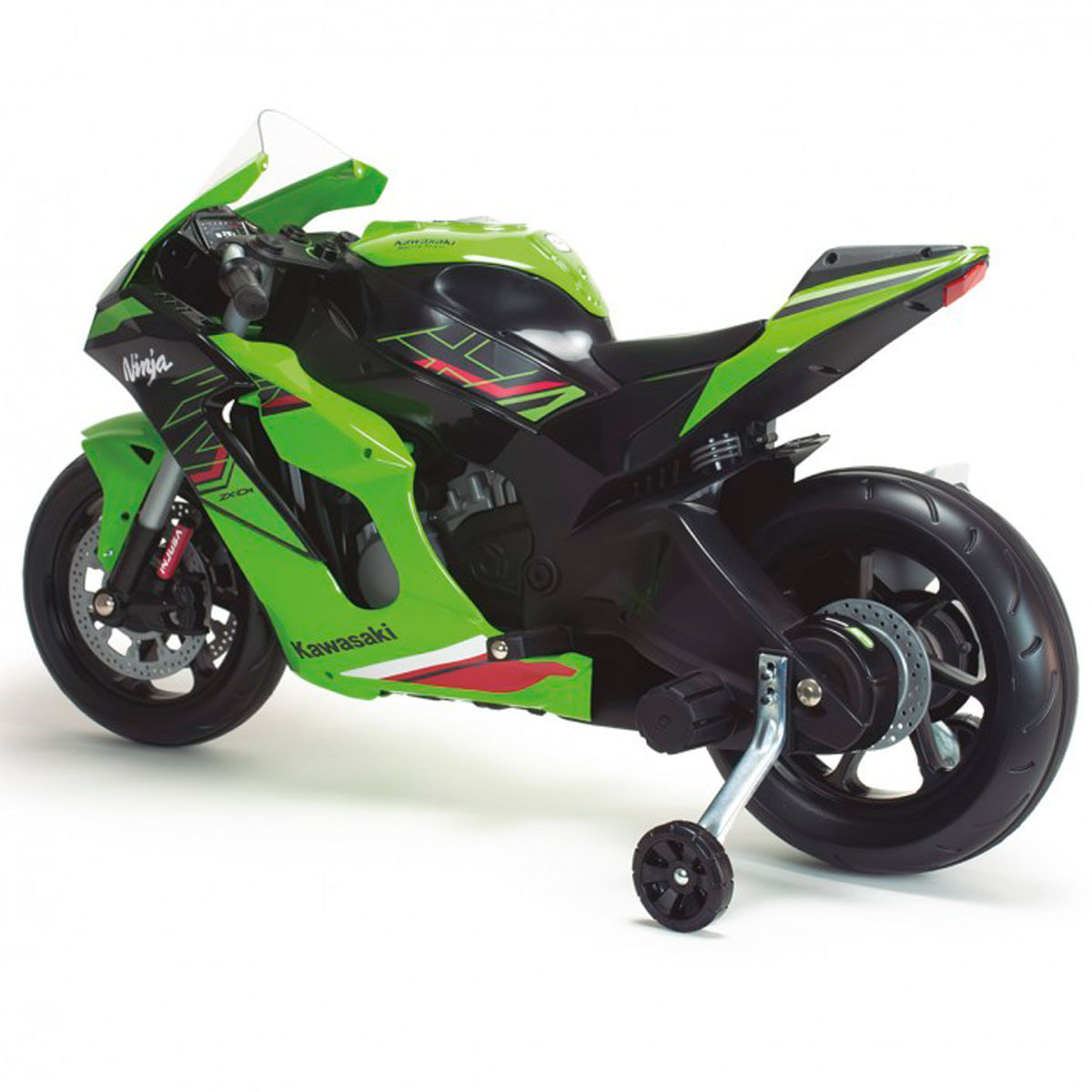 Moto eléctrica infantil Kawasaki verde y negra con ruedas de entrenamiento sobre fondo blanco.