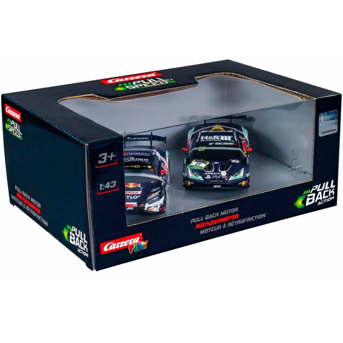 Dos coches de juguete Carrera Pull-Speed negros a escala 1:43 en su caja de presentación.