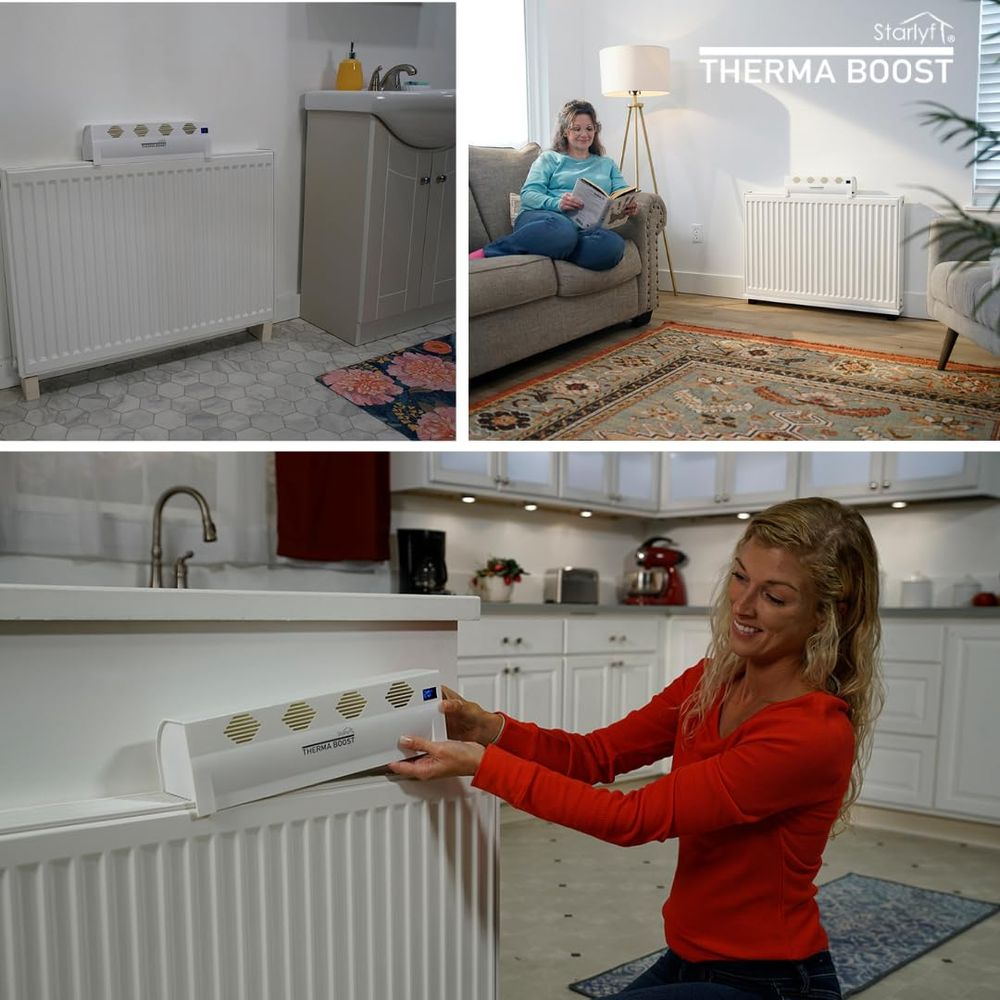 Eine Frau platziert ein Therma Boost Heizgerät auf einem weißen Heizkörper in verschiedenen Räumen.