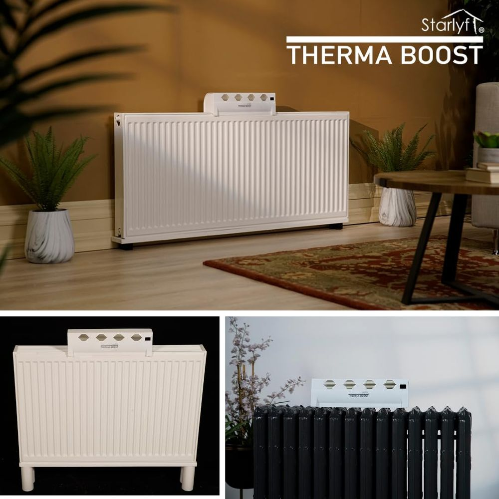 Starlyf Therma Boost weißer Heizkörper-Booster oben auf einem Wohnzimmer-Heizkörper montiert.