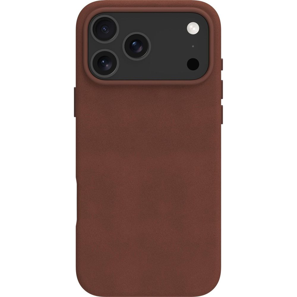 Una cover marrone per smartphone con un modulo fotocamera nero e rettangolare sul retro.