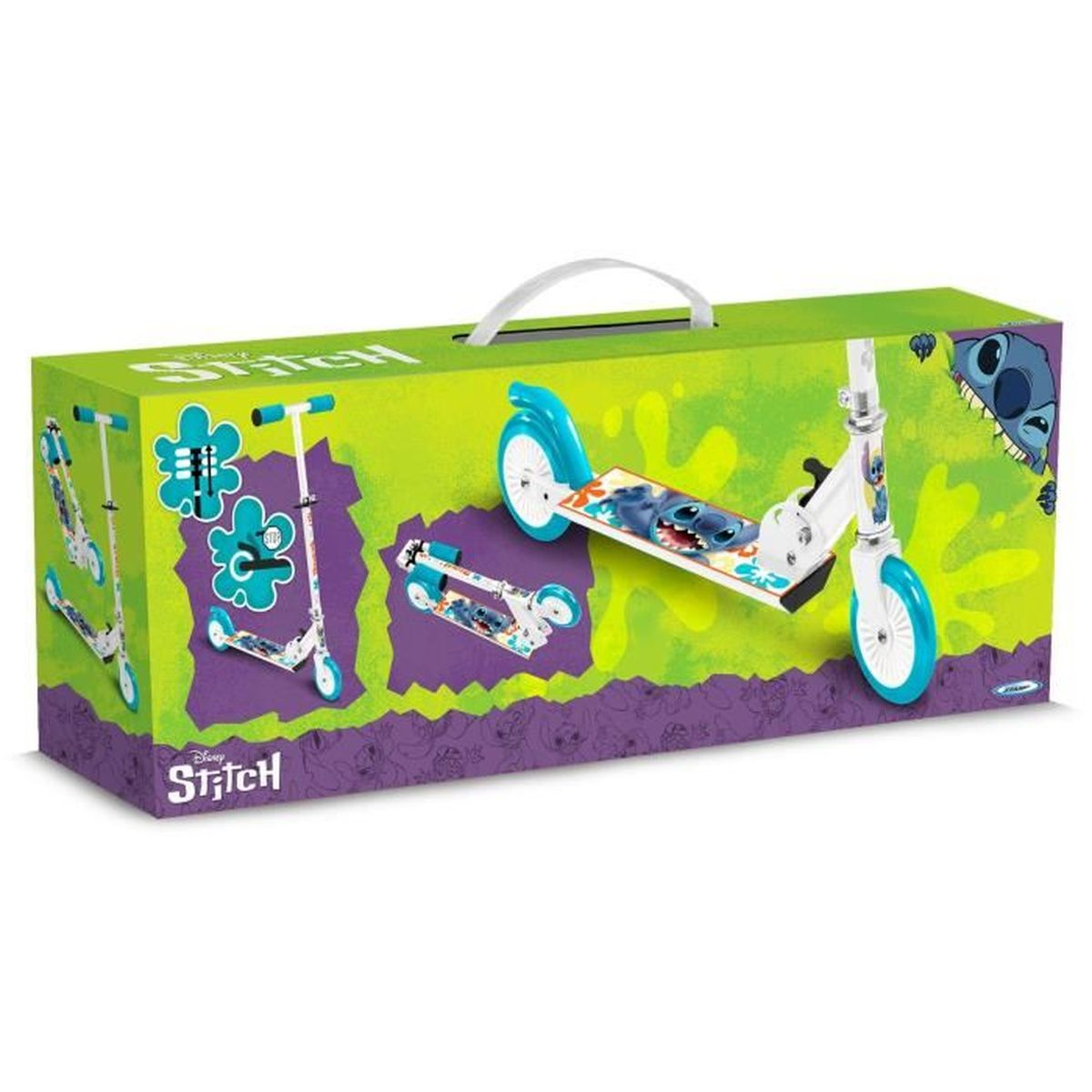 Una caja verde de monopatín de Disney Stitch con asa, con imágenes del monopatín blanco y azul y gráficos de Stitch.