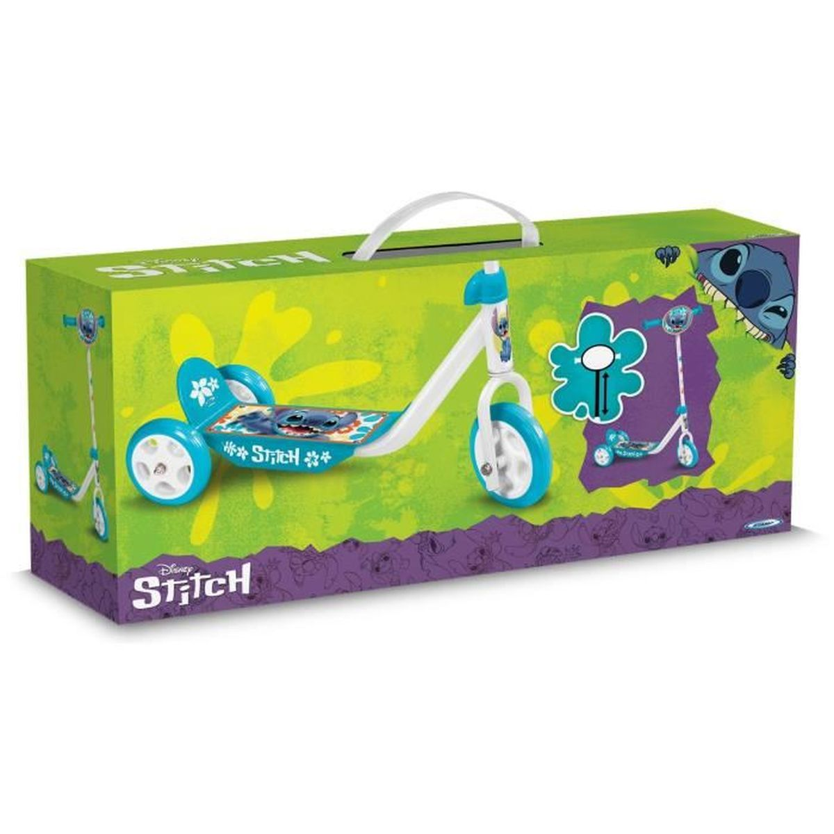 Patinete de tres ruedas Disney Stitch en una colorida caja verde y azul con asa.