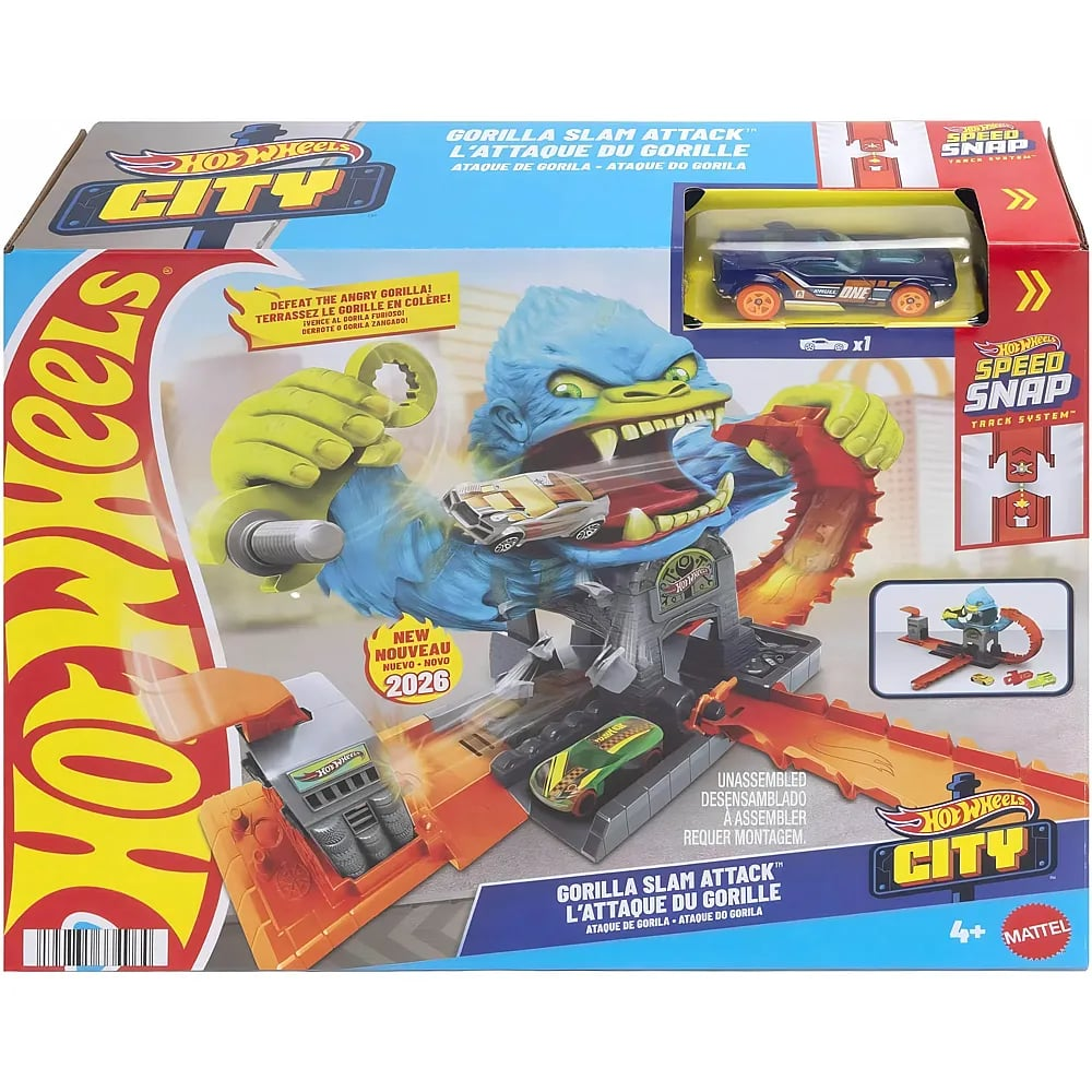 Caja del juego Hot Wheels City Gorilla Slam Attack con un gorila azul y un auto de juguete.
