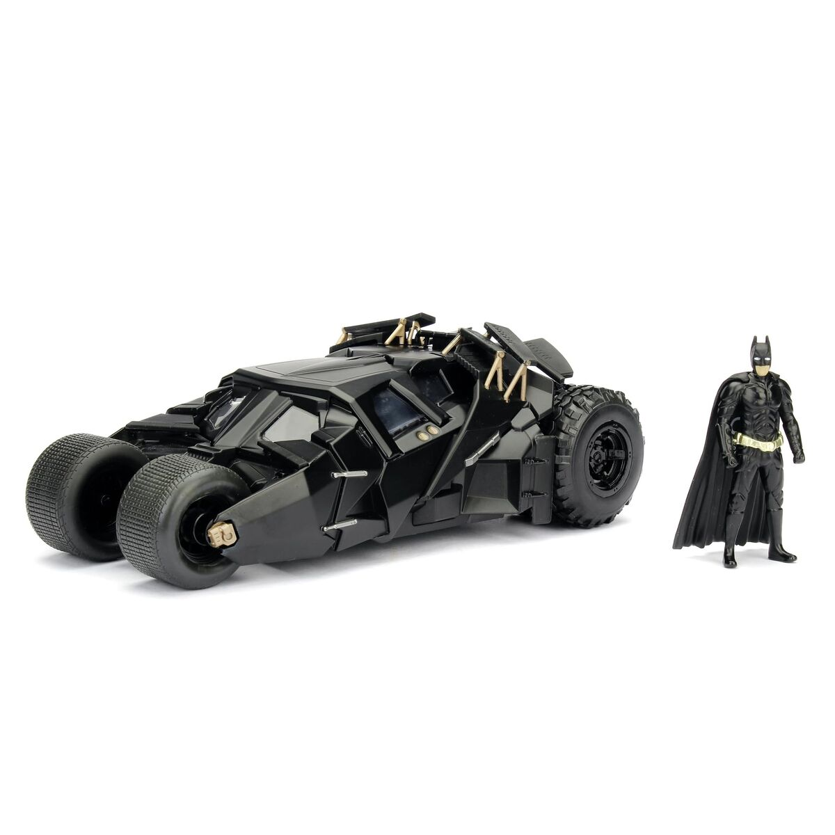 Un vehículo de juguete Batimóvil negro junto a una figura de acción de Batman de pie sobre fondo blanco.