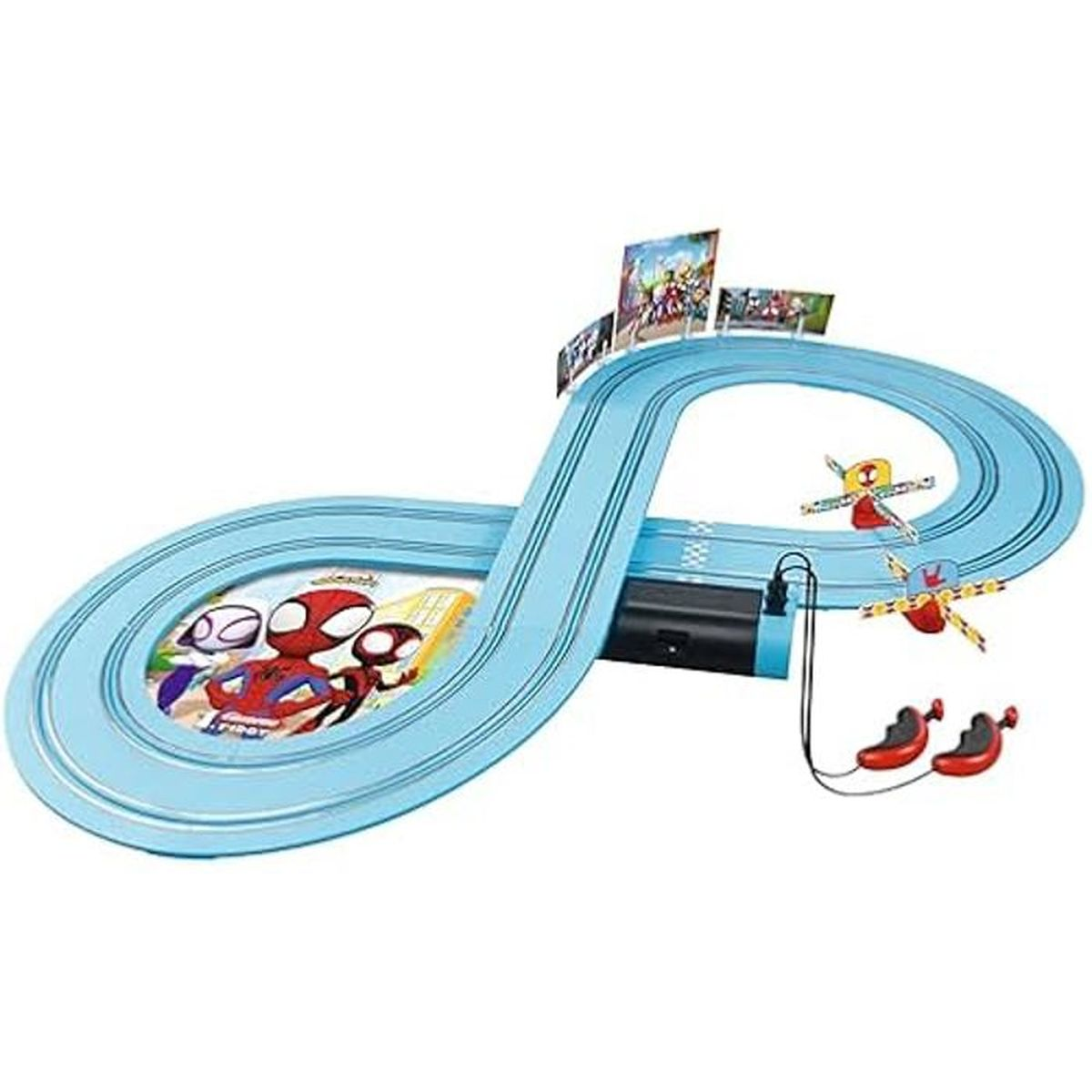 Una pista de carreras de coches Spider-Man azul claro en forma de ocho con dos controladores y gráficos coloridos.