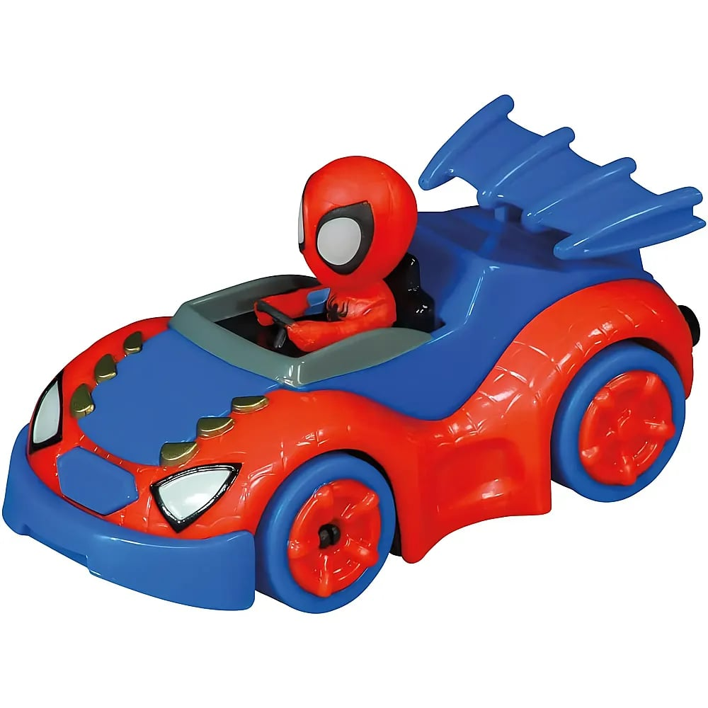 Un carro de juguete rojo y azul con una figura de Spider-Man en el asiento del conductor y un alerón trasero.