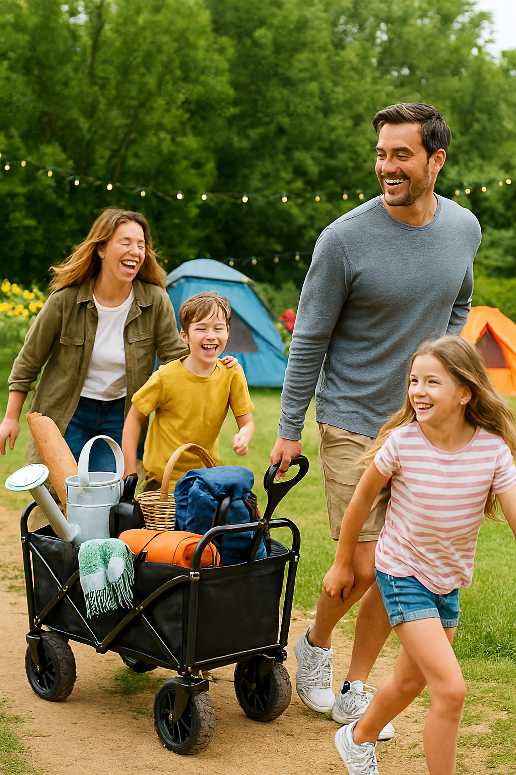Eine glückliche vierköpfige Familie geht über einen grünen Campingplatz und zieht einen schwarzen Bollerwagen.