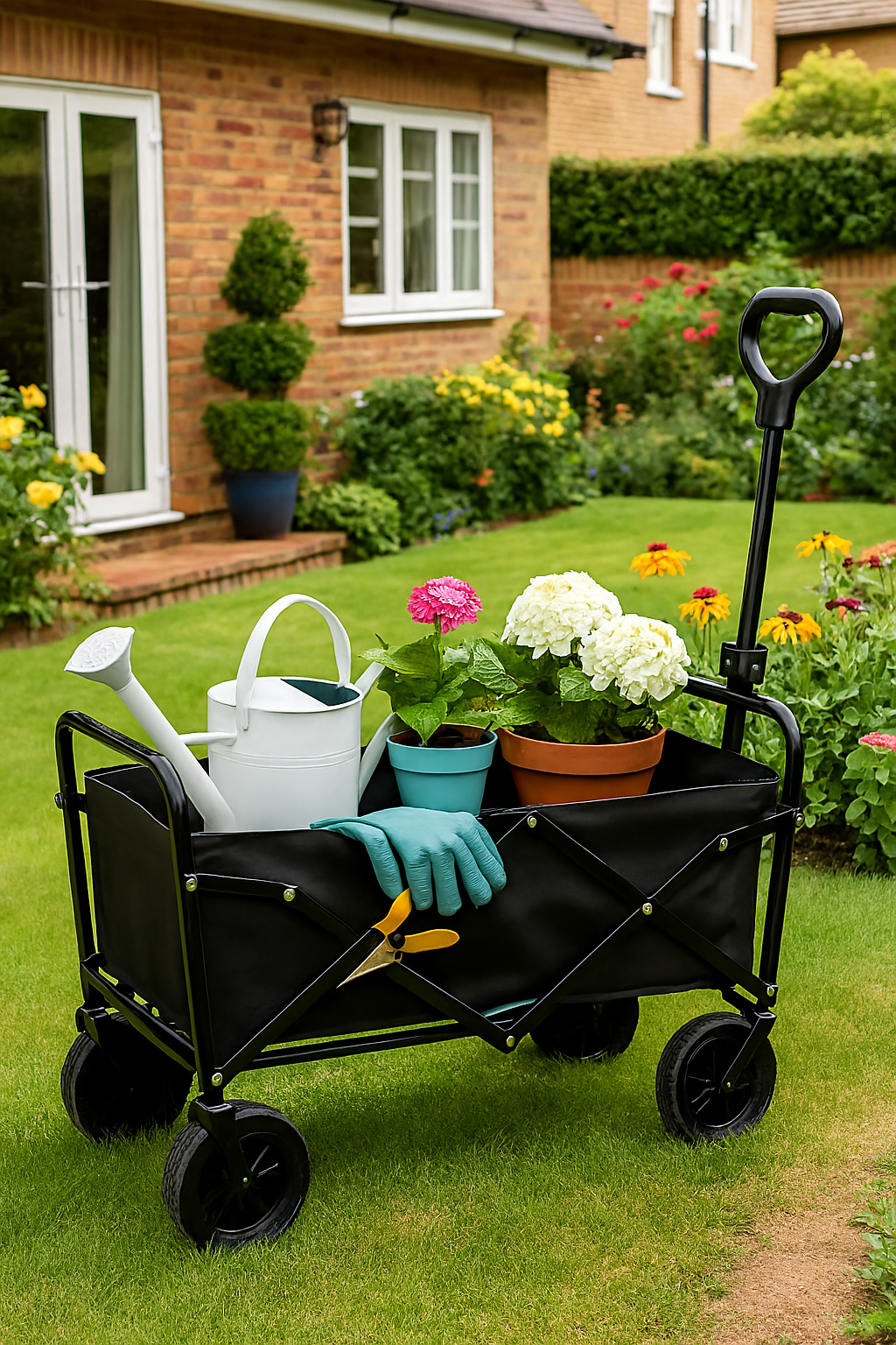 Ein schwarzer Gartenwagen auf Rasen mit weißer Gießkanne, Topfblumen, Handschuhen und Schere.