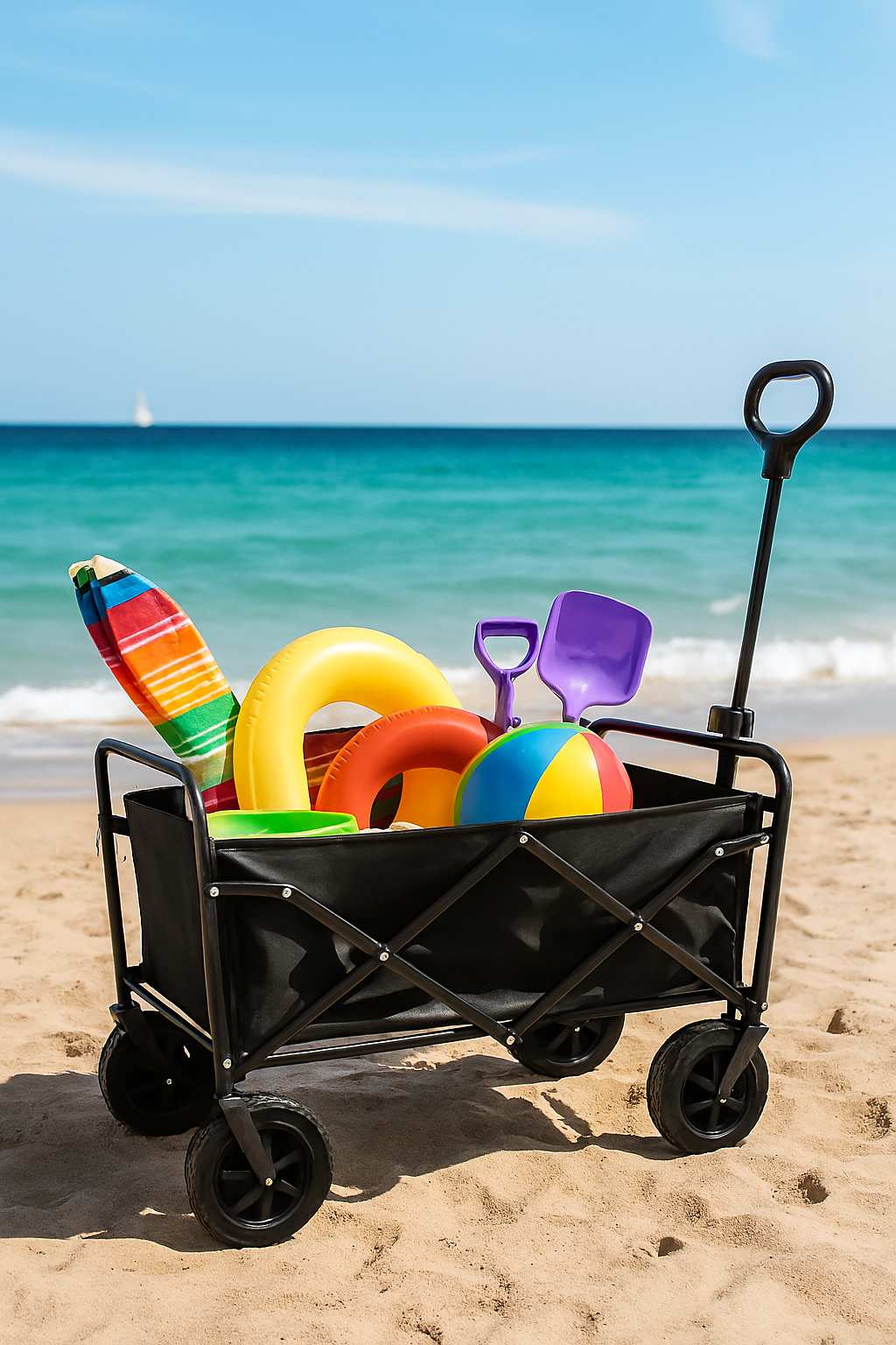 Ein schwarzer Bollerwagen mit bunten Spielsachen, einem Reifen und einem Handtuch steht vor dem Meer auf Sand.