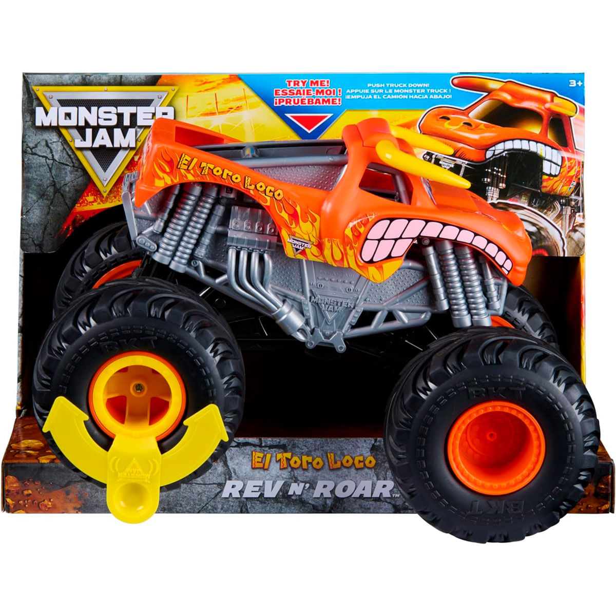 Juguete de camión monstruo Monster Jam El Toro Loco Rev n Roar en su caja.