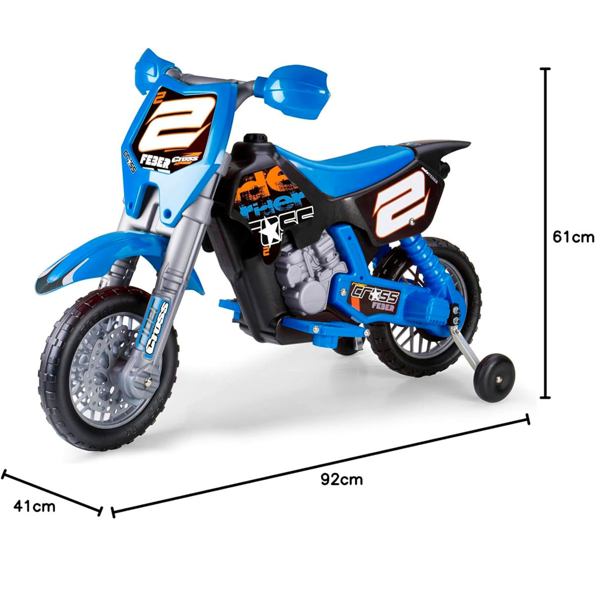 Una moto infantil azul y negra con ruedas de apoyo y medidas en cm.
