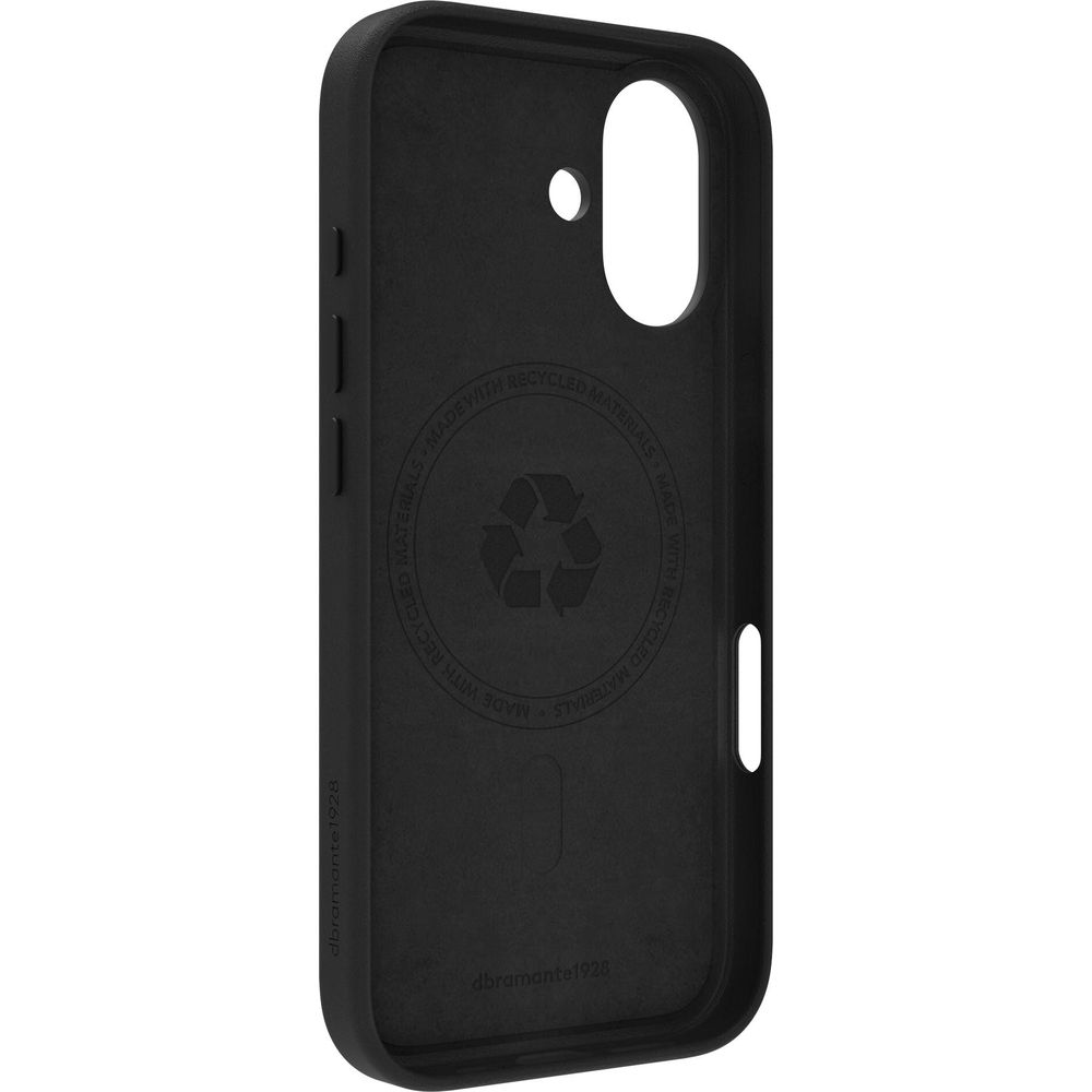 Vista interna di una custodia per telefono nera con logo di materiali riciclati.