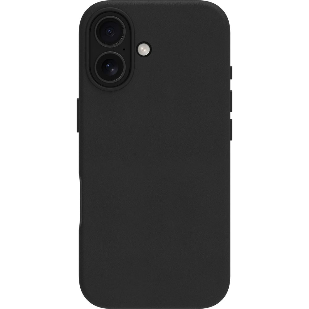 Custodia per cellulare nera con due aperture verticali per fotocamera e flash su sfondo bianco.