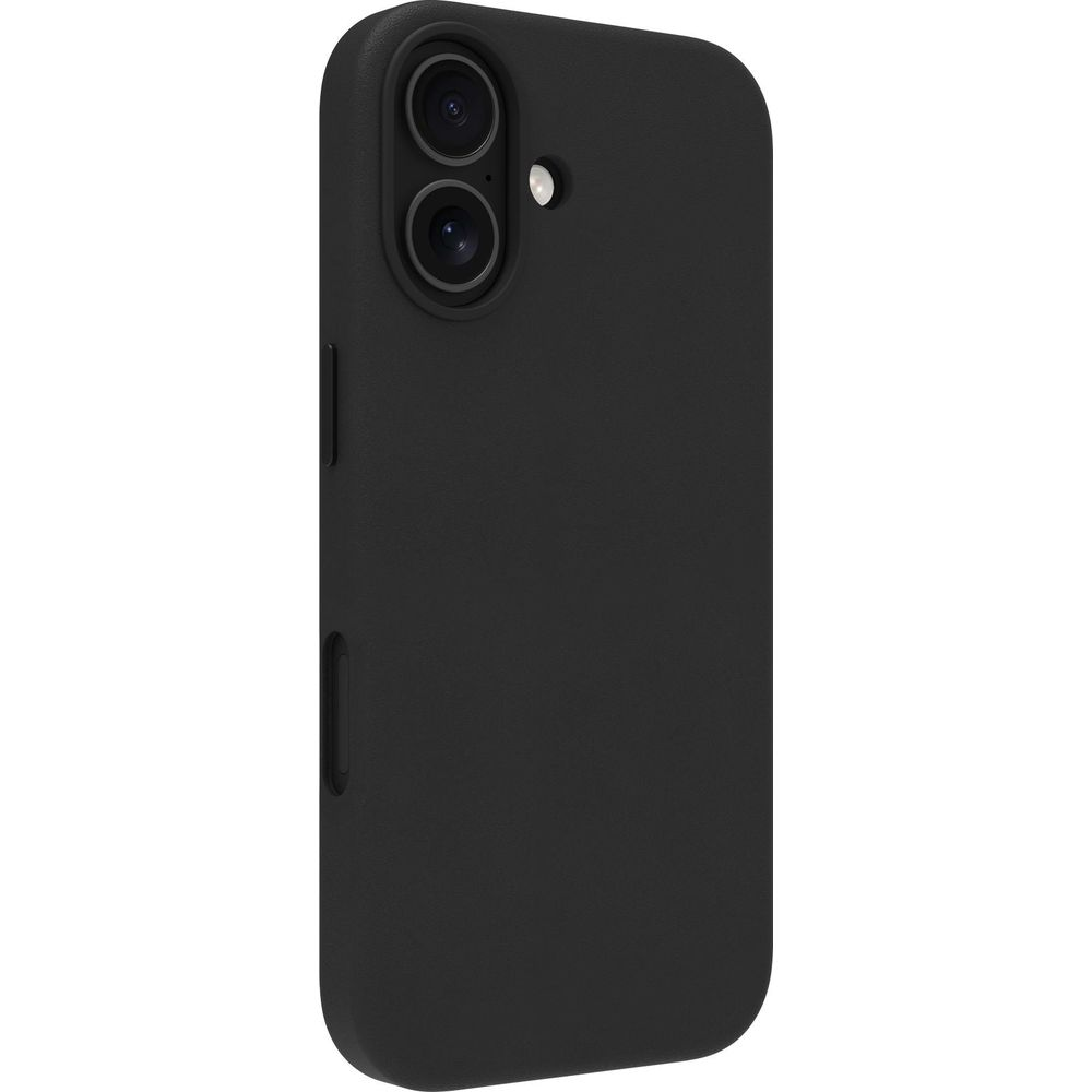 Uno smartphone nero in custodia opaca con doppia fotocamera verticale sul retro.