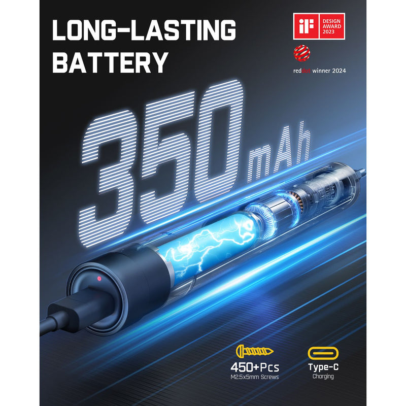 Grafika produktu przedstawiająca baterię 350 mAh, port ładowania Type-C i nagrody w prawym górnym rogu.