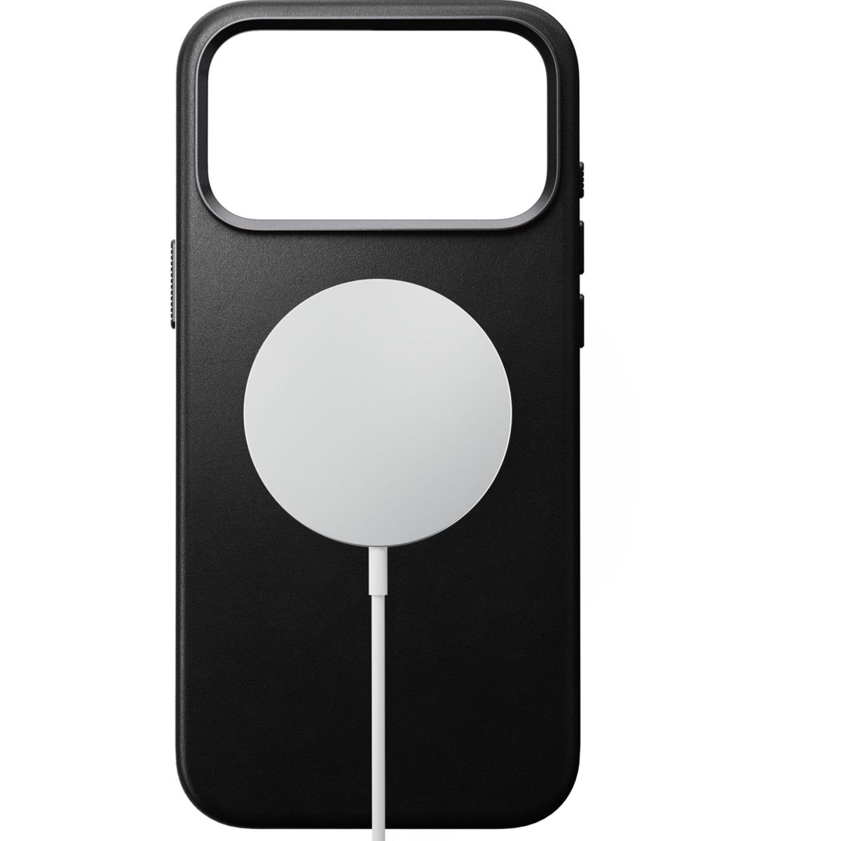 Eine schwarze Handytasche mit einem weißen MagSafe-Ladegerät auf der Rückseite.