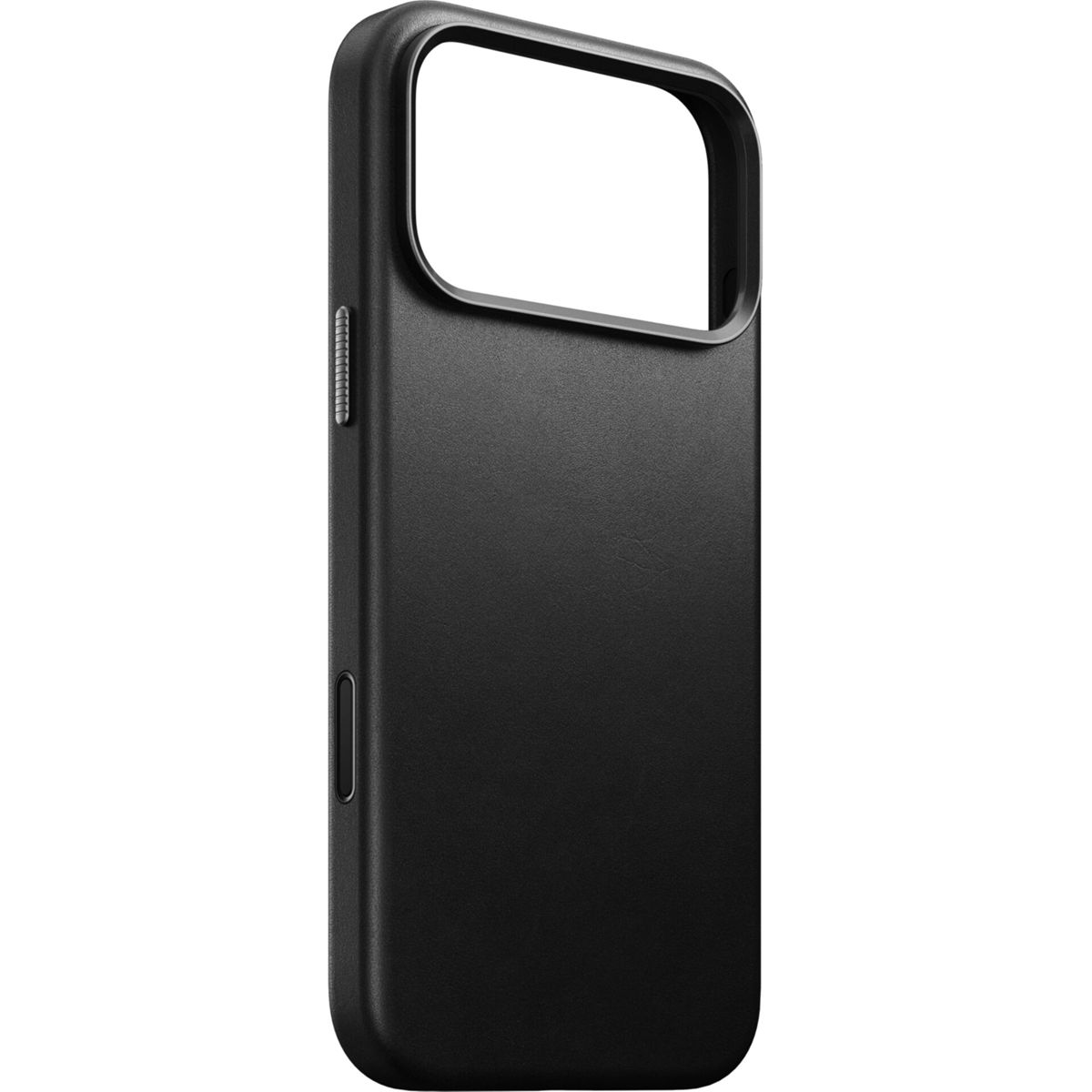 Eine schlichte schwarze Smartphone-Hülle mit Kamera-Aussparung und Seitentasten vor weißem Hintergrund.